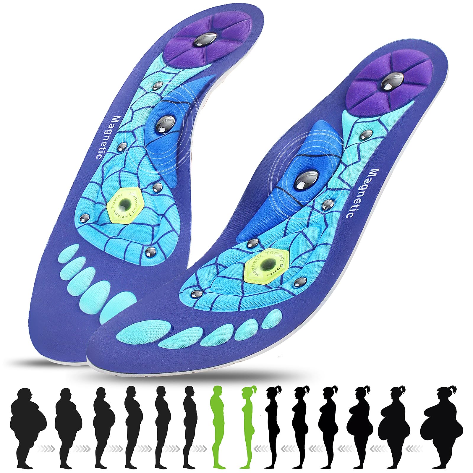 Wagxoey Magnetische Einlegesohlen, Magnetische Einlegesohlen Damen Herren Fußgewölbestütze Akupressur Einlegesohlen für Arbeitsschuhe, Einlagen Plattfuß und Verteilt Fußdruck Blau EU35-39