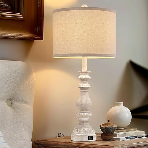 Miniatura 7 de Juego de 2 lámparas de mesa de granja de 28.5 pulgadas de alto para sala de estar, lámparas de noche rústicas con USB C + A, lámpara tradicional