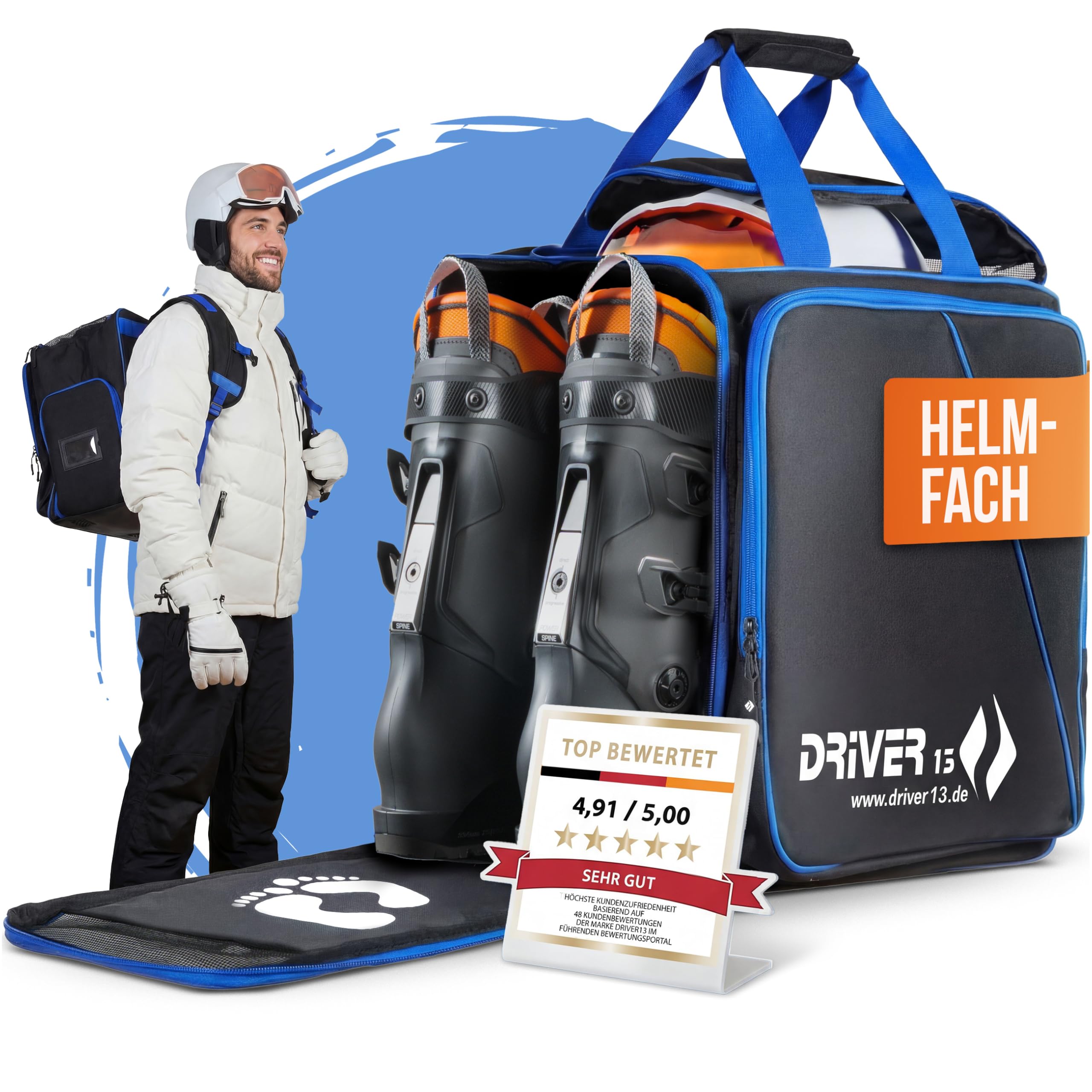 Driver13 ® Mochila para Botas de esquí con Compartimento para Casco + Mochila para Botas de esquí con Compartimento para Casco Duro + Botas de Snowboard + Bolsa para Botas Negro-Azul