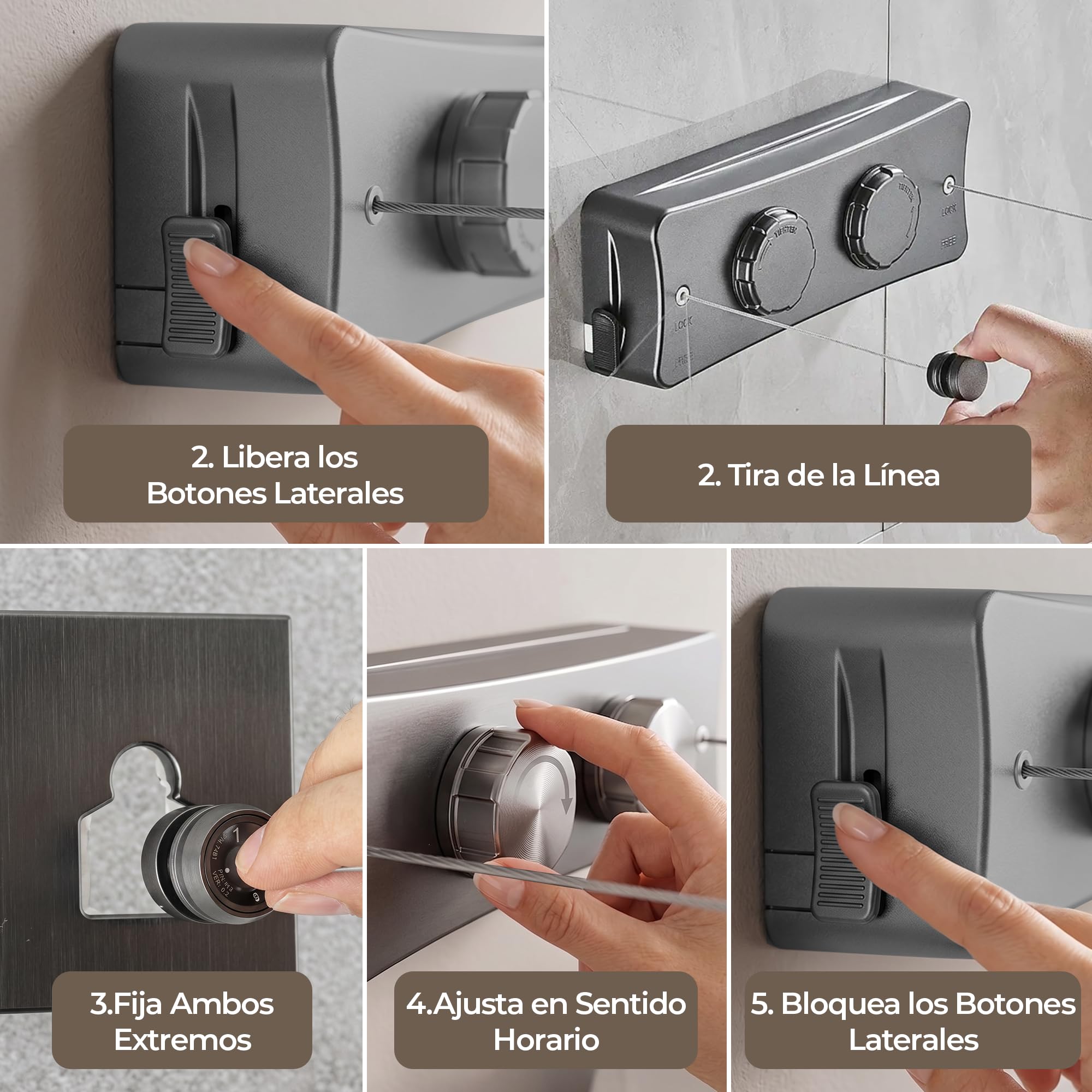 ️ Pack Tendedero Retractil Pared Doble 10.2m Acero Inoxidable + Perchero 32 Pinzas | Tendedero Extensible Pared Interior y Exterior | Intalacion con Tornillos | Color Gris