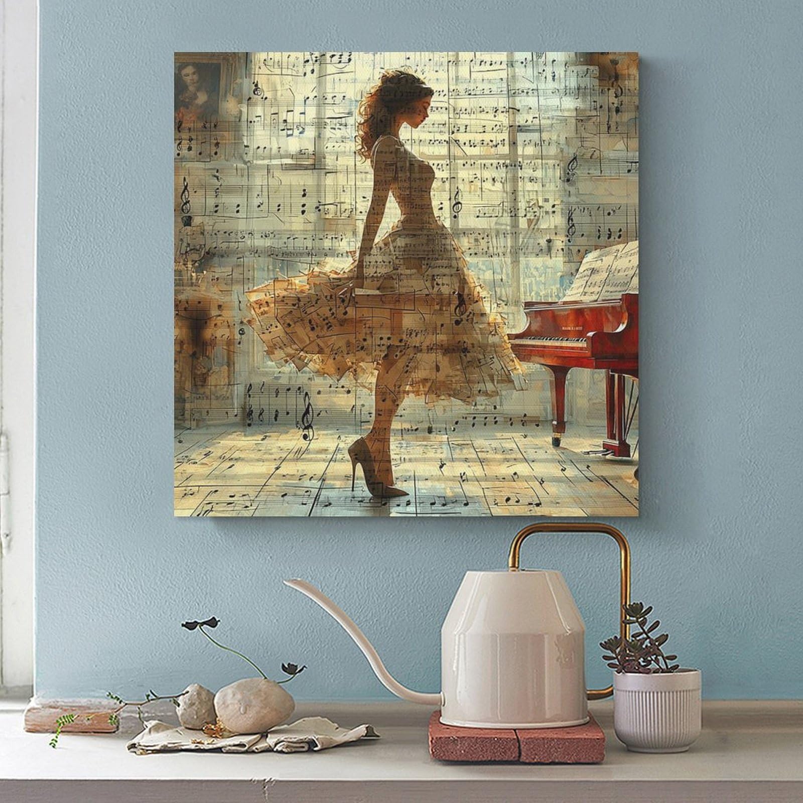 Decorazione da parete per sala musicale, poster con pianoforte e donna, poster su tela, decorazione per camera da letto, ufficio, stanza, regalo, 61 cm di lunghezza x 61 cm di larghezza