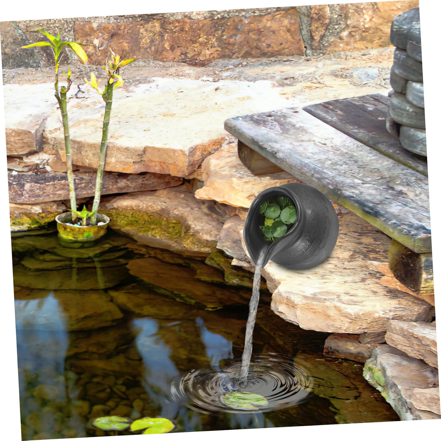 Mikikit Ceramic Water Jar Decoration Outdoor Fountain Waterfall for Garden Decor