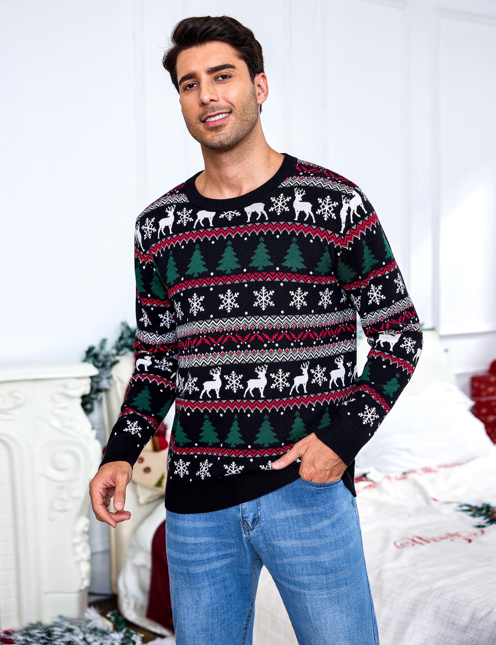 Gyabnw Jersey de Navidad Hombre de Punto Manga Larga Cuello Redondo