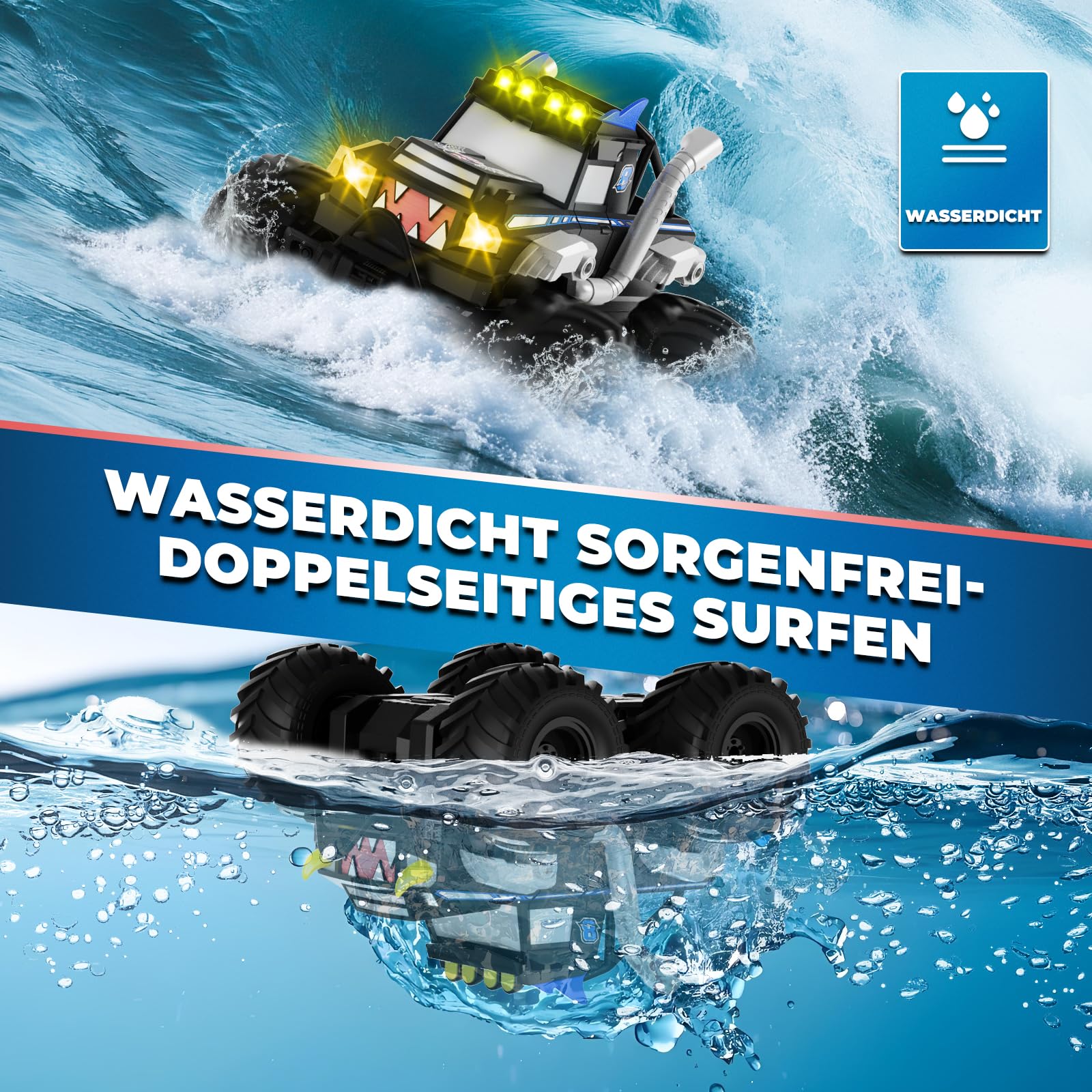 Amphibienfahrzeug Ferngesteuertes Auto ab 6 Jahre - 2.4GHz Monstertruck ferngesteuert RC Truck 30 km/h mit LED-Leuchten, 360°Rotation, Maßstab 1:16, 2 Akkus, Geburtstagsgeschenk für Jungen, Schwarz
