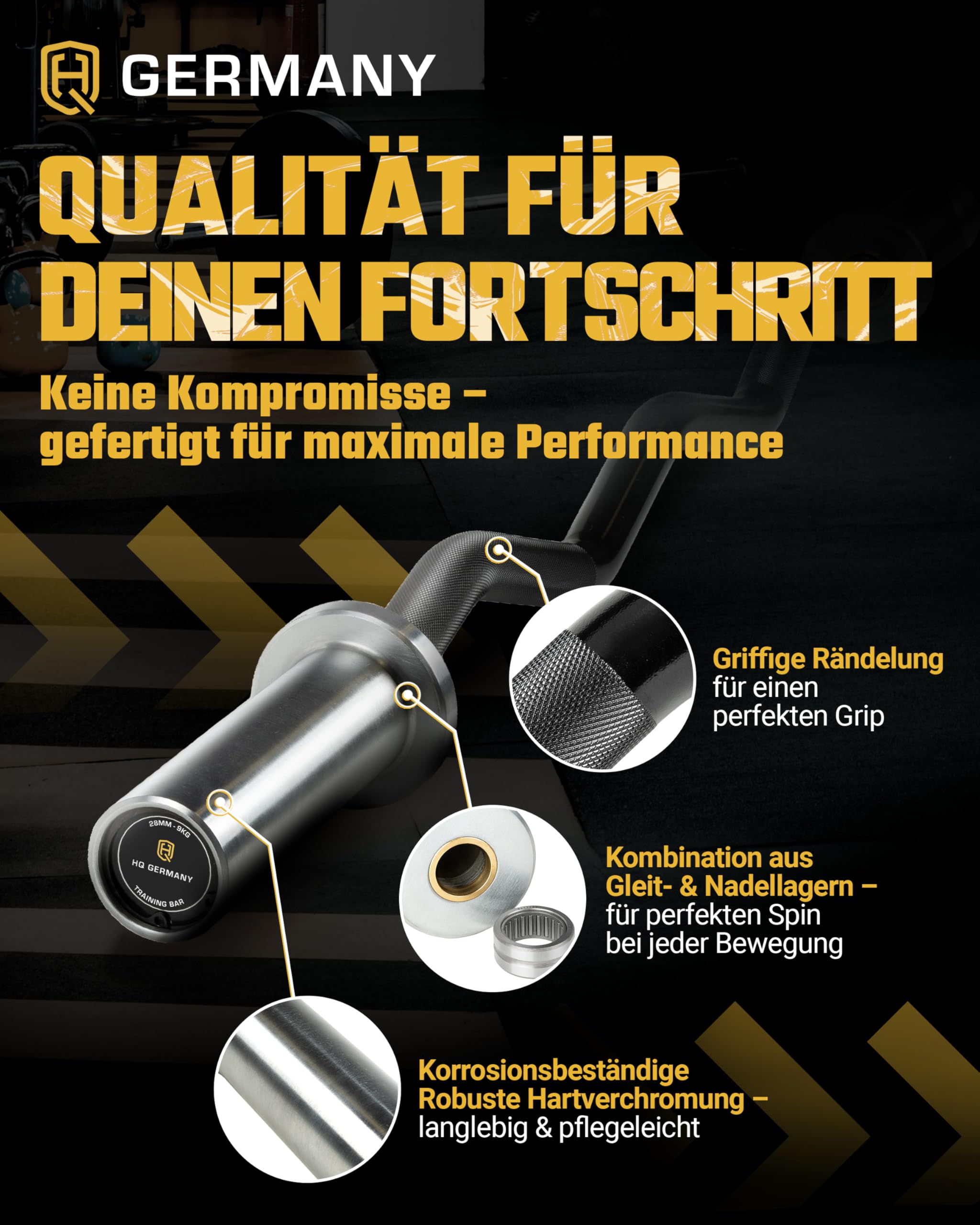 HQ Germany® SZ-Stange 50mm [Performance-Line] - Curl-Stange 50mm | Nadel statt Gleitlager, hartverchromte Sleeves, schwarz verchromter Schaft, 50mm Aufnahme, bis 250kg belastbar