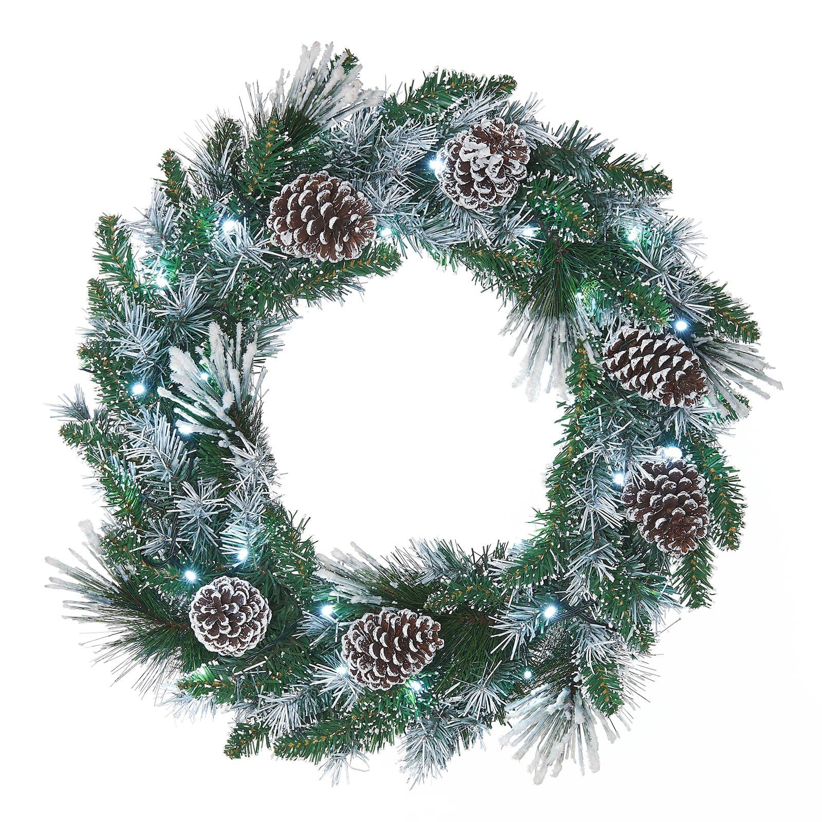 Werchristmas White Pre-Lit Snow Flocked Wreath With Pinecones, 50 Warm Leds, 24 Inch / 60 Cm