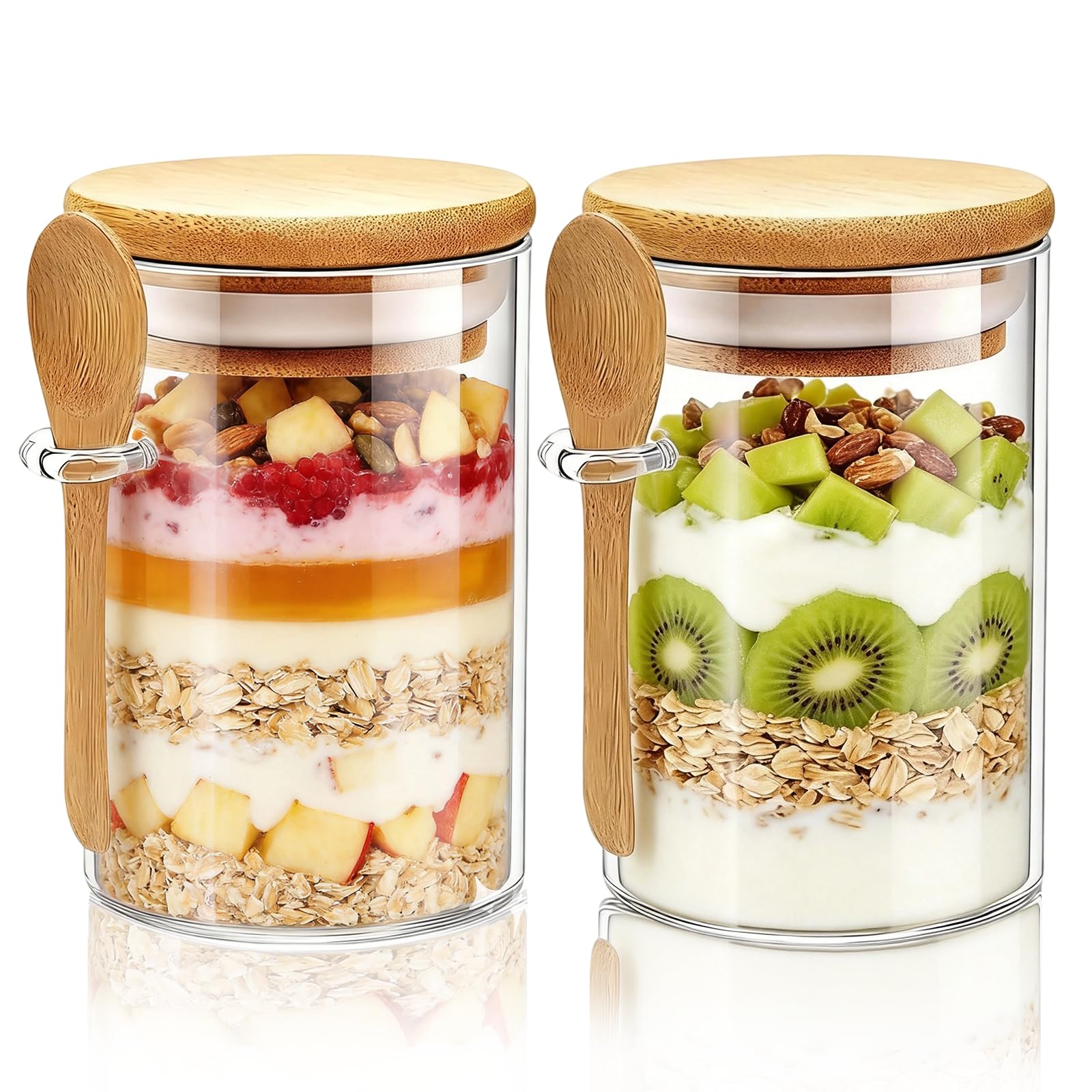 Eidoct 2 Pack Overnight Oats Containers With Wooden Lids And Spoon, 500Ml Overnight Oats Jar, Yoghurt Pots With Lids, Glass Cereal Storage Containers For Oatmeal, Chia Pudding, Yogurt, Salad, Coffee Beans