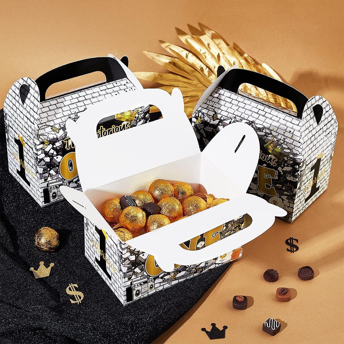 Fangleland 24pcs The Notorious One Party Favors Boxes, Black Gold 1st Birthday Treat Boxes with Handle - Hip Hop Theme Big One First Birthday Candy Gift Decorations for Boy image 3
