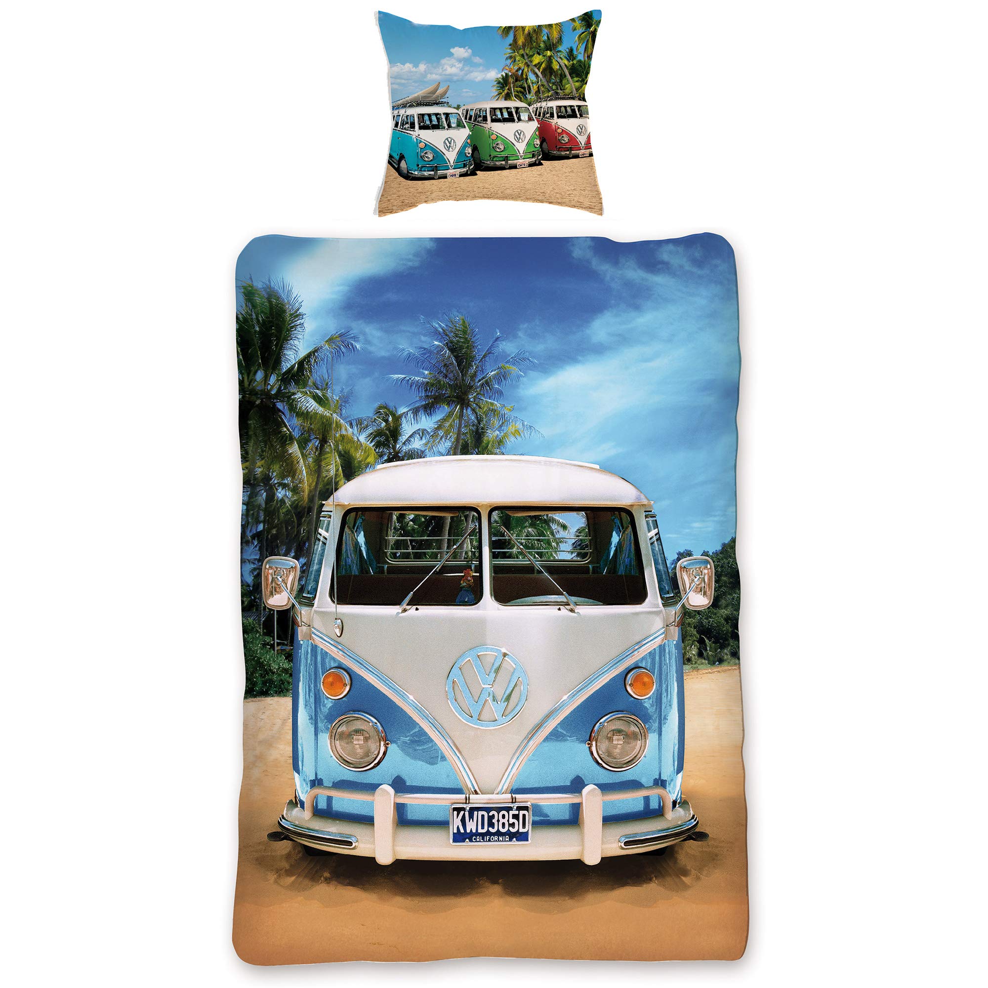 VW Volkswagen Bulli Beddengoed T1 Rood 135 cm x 200 cm 80 cm x 80 cm 100% Katoen Renforcé Linon Kwaliteit VW Bus Vintage Auto Retro Type 2 T2 T3 Camperbus