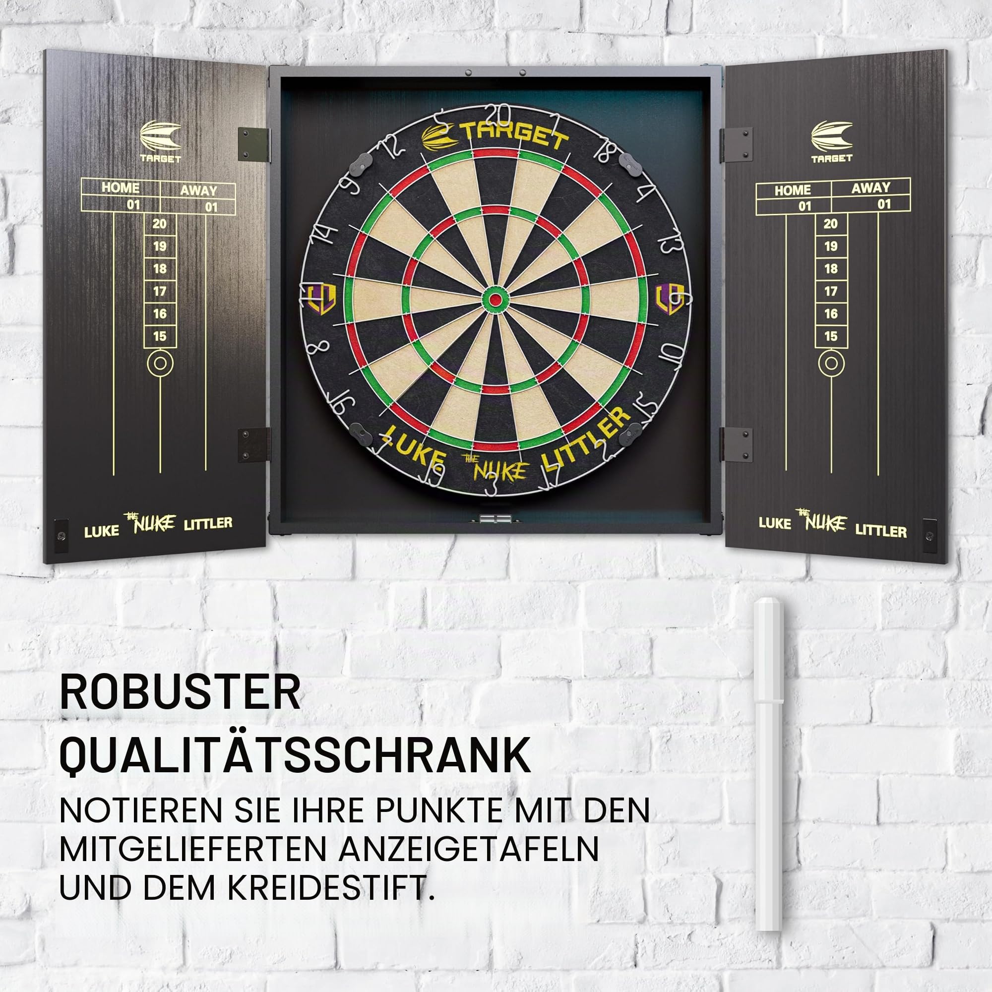 Target Darts Player Dartboard and Cabinet Set | Luke Littler/Dimitri Van den Bergh/Gabriel Clemens | Dartschrank mit 2 Sets Steel-Dart-Pfeilen, Score-Charts, Wurf-Standardlinie für Wettbewerbe
