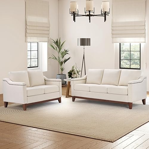 2 Piece Sofa Set, 2-Seater and 3-Seater Sofa Couch with Solid Wood Legs, Vintage Rivet Comfy Sofa with Thicked Cushion for Living Room Apartment Office, Beige