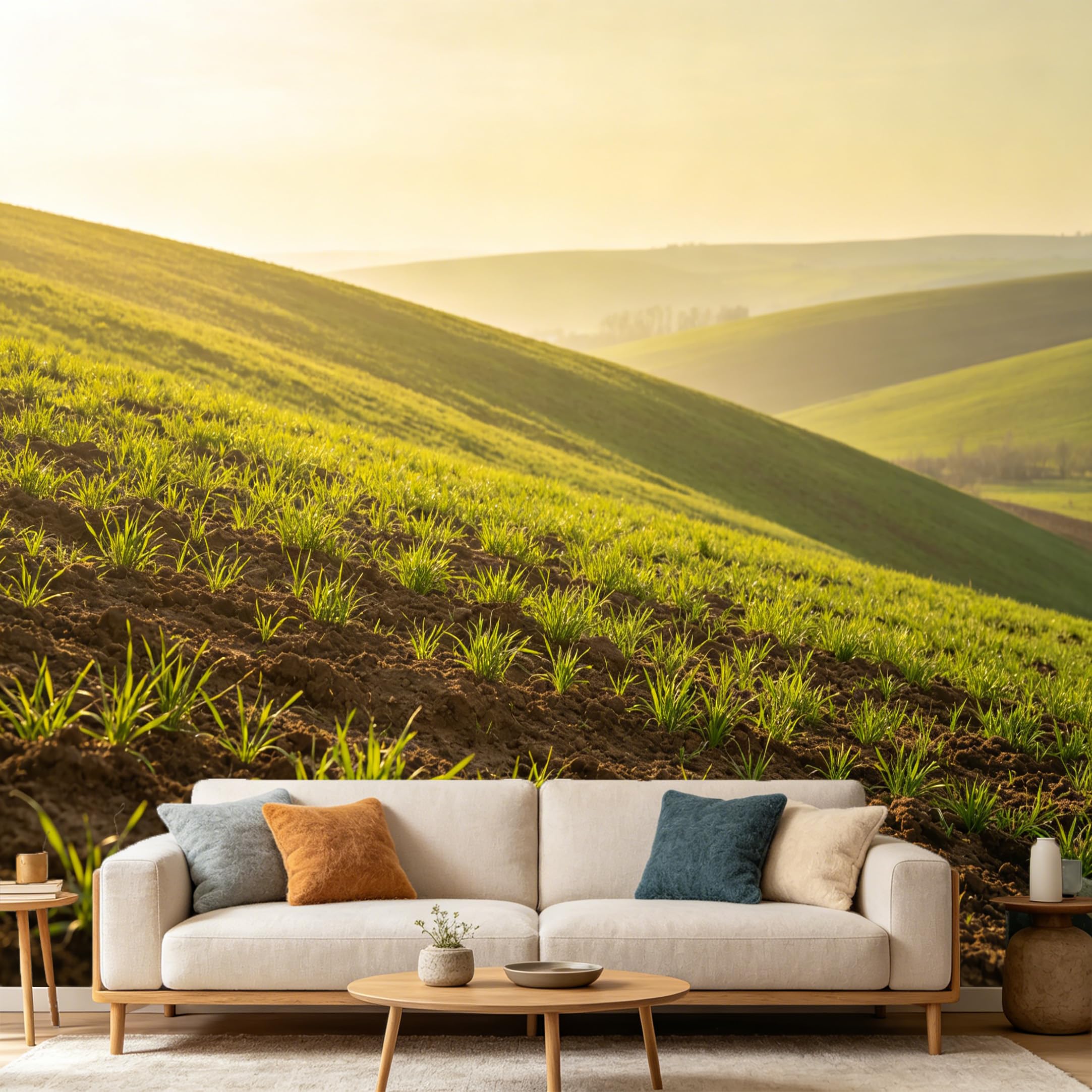 Custom Size Wall Mural Landscape Rolling Hills Sunset Nature Scenery SelfAdhesive Art Prints wall Fabric（No PVC） Removable Wallpaper Home Bedroom Decor
