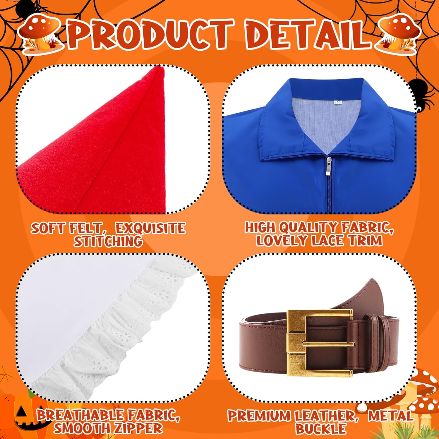 Mepase 5 Pcs Couple Garden Gnome Costume Adult Dwarf Costume with 2 Conical Felt Gnome Hats, Apron, Vest and Belt for Women Men Halloween Cosplay Dress up Party