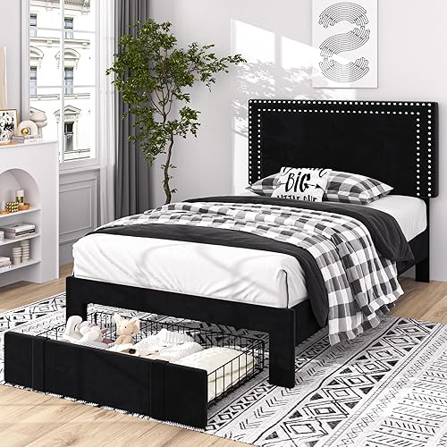 Miniatura 155 de VECELO Base de cama de tamaño matrimonial con cabecera tapizada ajustable, plataforma de listones de madera, diseño sin ruido, fácil montaje Negro
