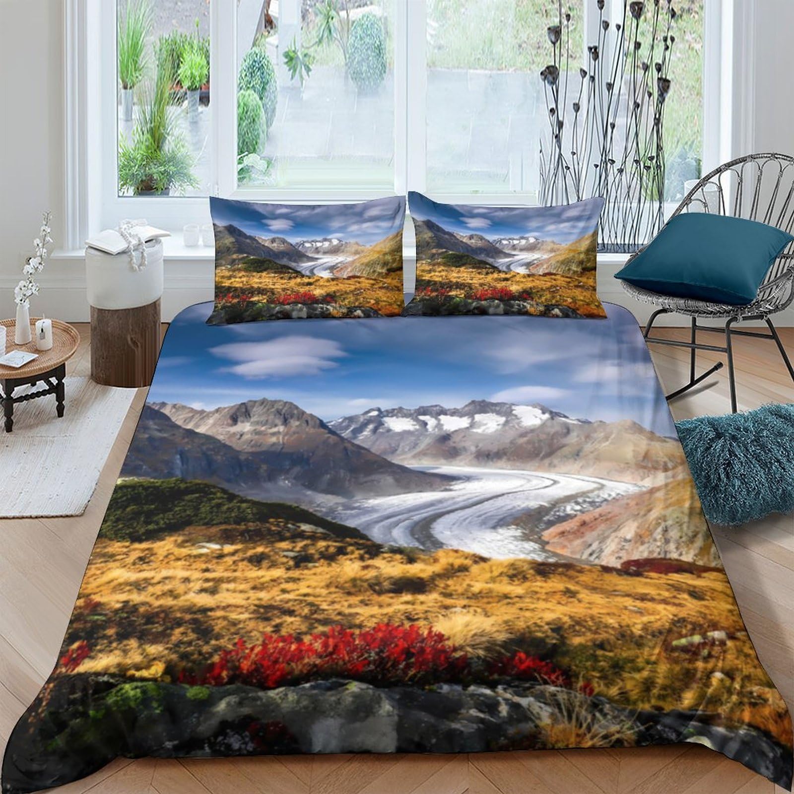 Ctjqhvkz Style-4 3D Printed Mountain Landscape Fitted Sheet Microfiber Soft Autumn River Bed Cover For Bedroom Guest Room Decor Single（135X200cm）