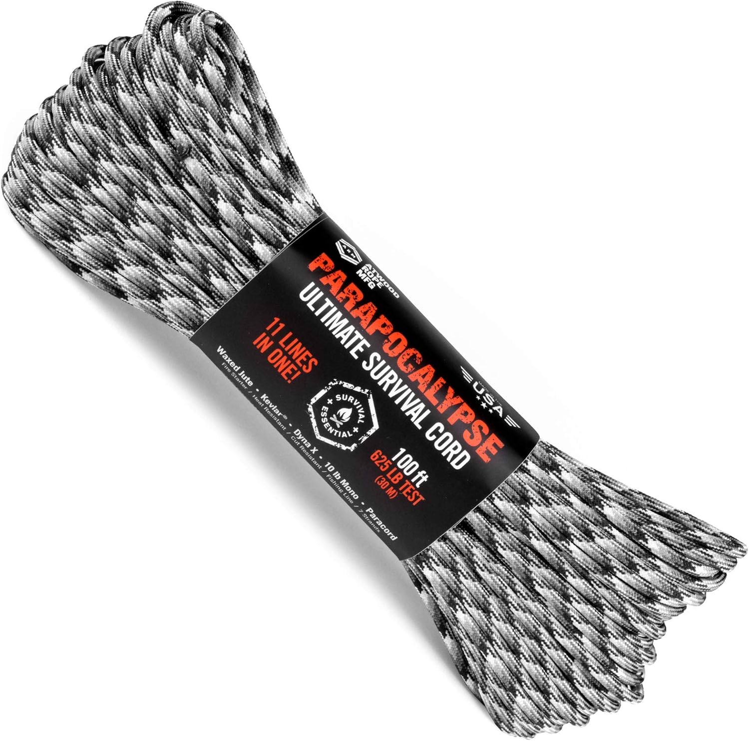 Atwood Rope MFG Parapocalypse Paracord/Parachute Cord 7-Strand Core with Fire Starter Waxed Jute, 10lb Mono Fishing Line, Dyna-x, and Yellow Kevlar Cord 625lb Test