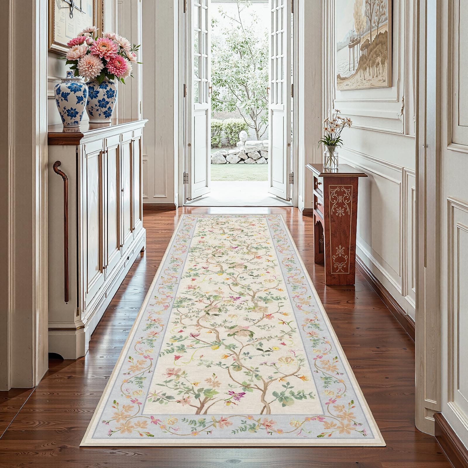 jinchan Floraison Floral Runners for Hallways 3x8 Soft Washable Runner Rug Non Slip Indoor Low Pile Chinoiserie Neutral Botanical Long Mat for