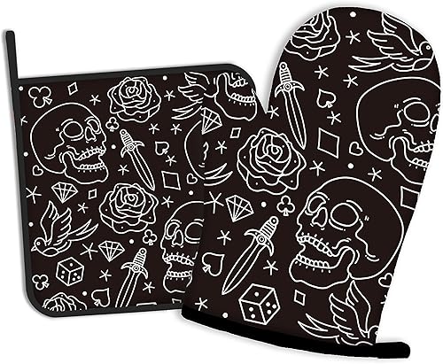 Cabeza de calavera con guantes de horno de rosas y soportes para ollas, guantes de cocina de cocina, juego de 2 piezas, almohadilla resistente al