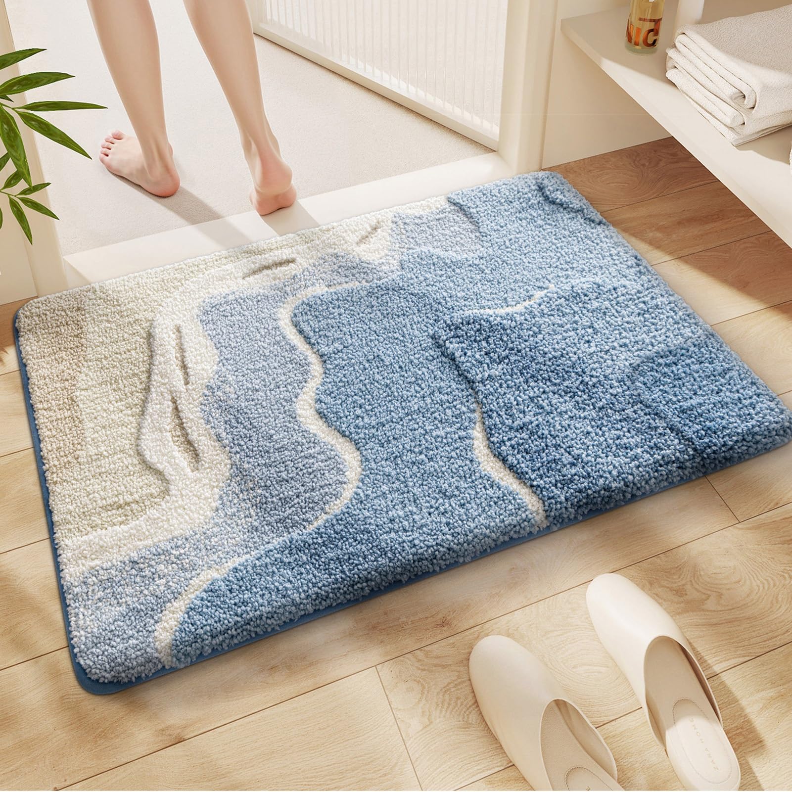 Alfombra de baño 40x60cm/50x80cm/60x90cm/60x110cm Alfombra de baño Antideslizante Lavable a máquina Ducha con súper absorción de Agua Suelo esponjosa Azul marrón(60x110cm(23.6x43.3inch))