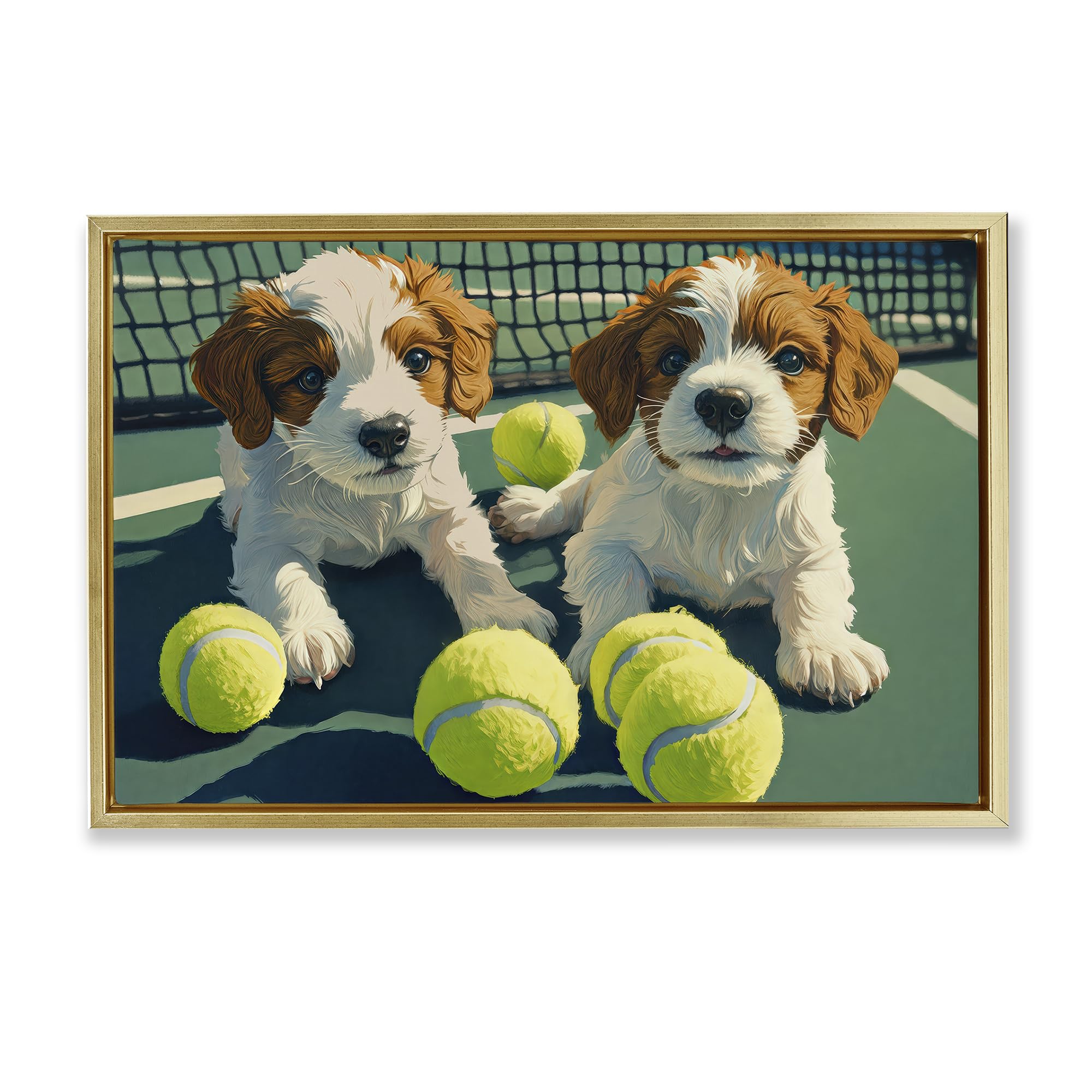 Stupell Industries Metallic Gold (Matte) 'Playful Puppies With Tennis Balls'| Floating Frame Canvas Art