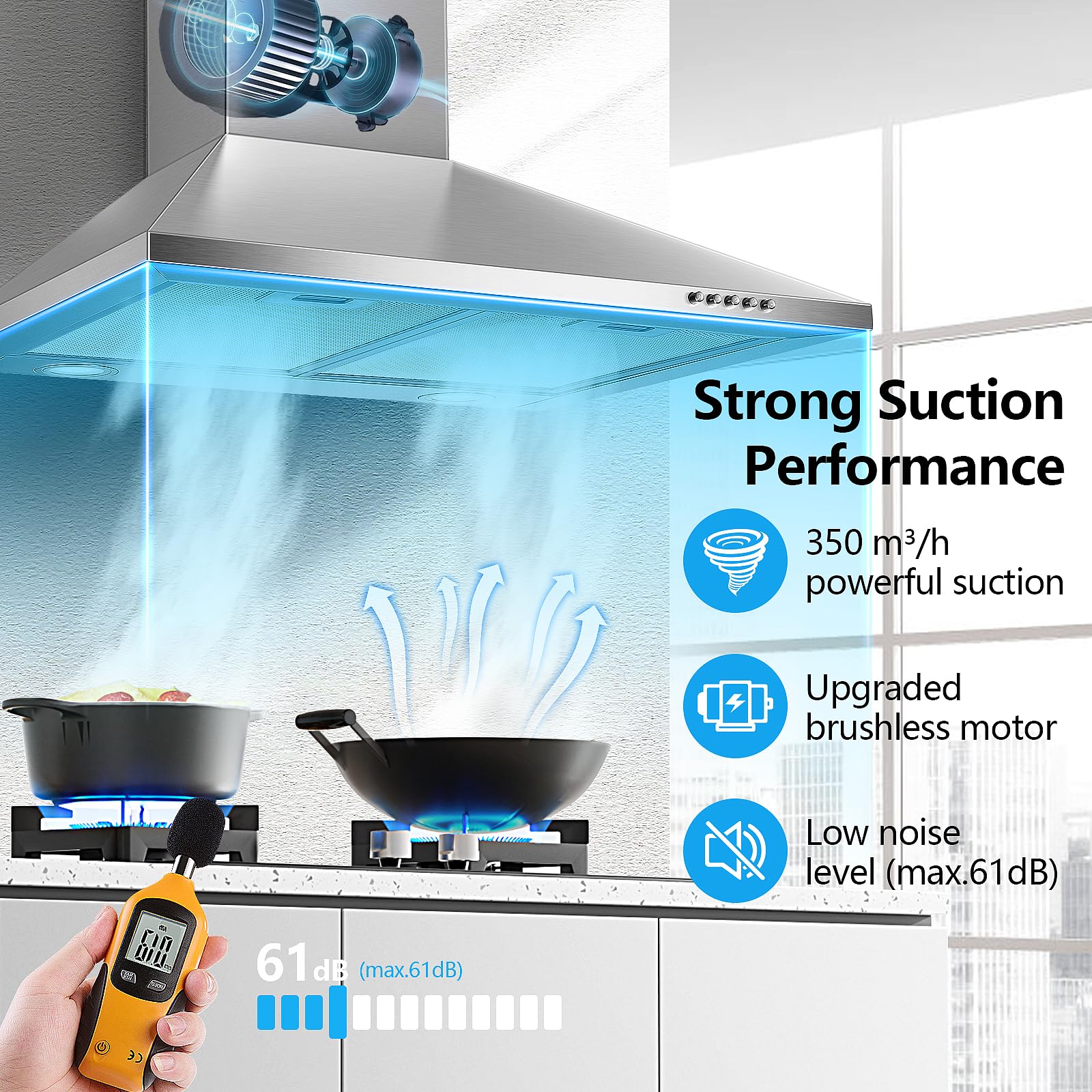 SNDOAS A++ Hotte Aspirante 60cm, Evacuation ou Recyclage 350 m³/h | Hotte Cuisine avec 2 Filtres à Charbon, 3 Vitesses, Hotte Murale Silencieuse en Inox Argent, Éclairage LED