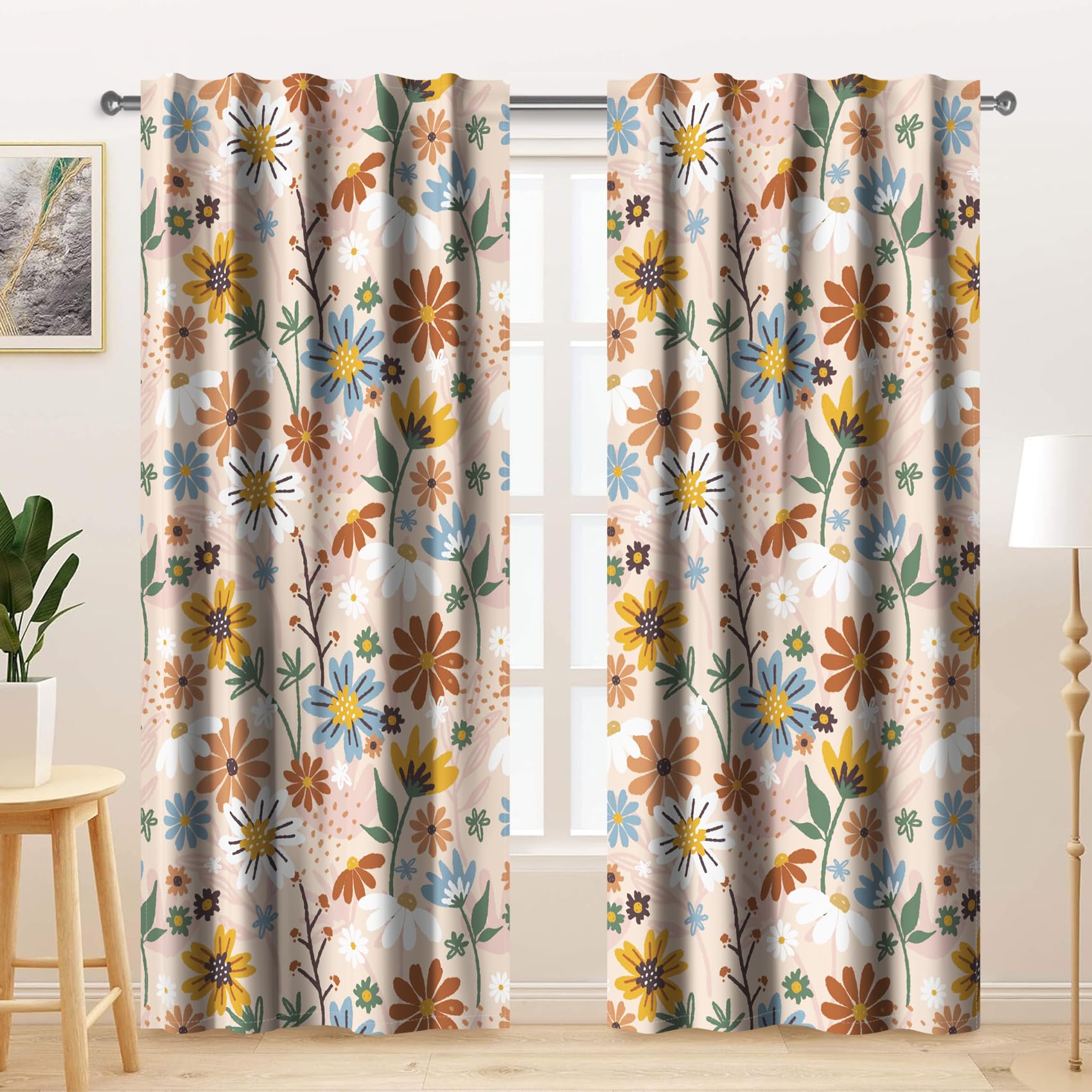 Kzzfqxb 2 Panels 107x215cm Floral Curtains, Brown White Blue Yellow Flowers Wild Daisy Green Leaves Window Drapes for Living Room Dining Room Bedroom Botanical Decoration