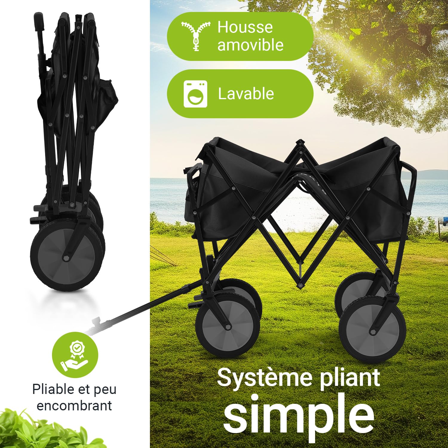 Juskys Chariot de Transport 100 kg – Remorque Pliante – Utilisation extérieure & Camping – Wagon Pliant Noir pour Plage