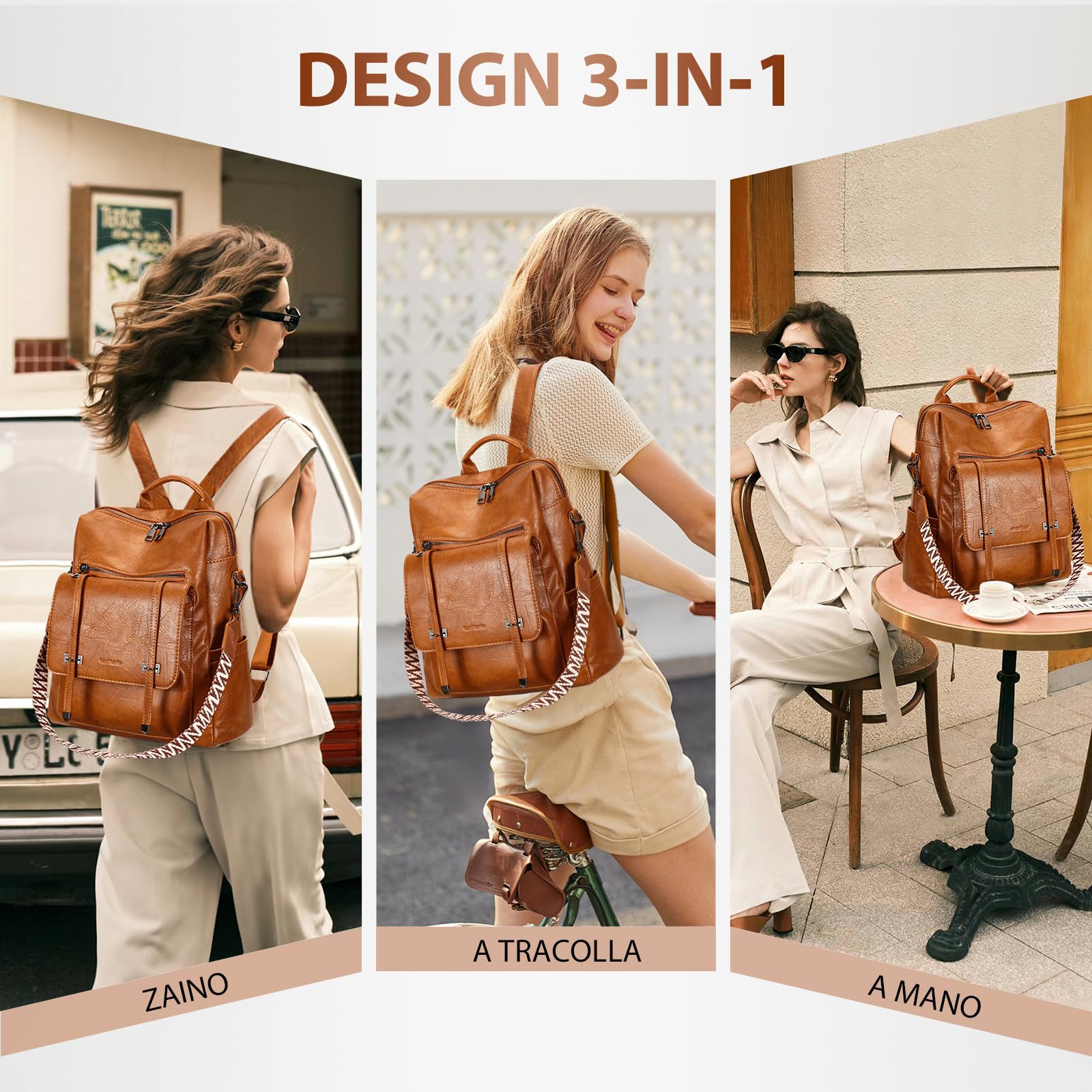 Leathario Zaino Donna in Pelle Vegana Impermeabile Antifurto,Borsa Elegante 3-in-1,Zaino da Lavoro, Viaggio e Uso Quotidiano