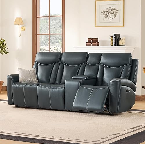 Miniatura 20 de CHITA Sofá reclinable eléctrico de cuero genuino, sofá reclinable de gravedad cero con reposacabezas y consola eléctrica, soporte para tazas,