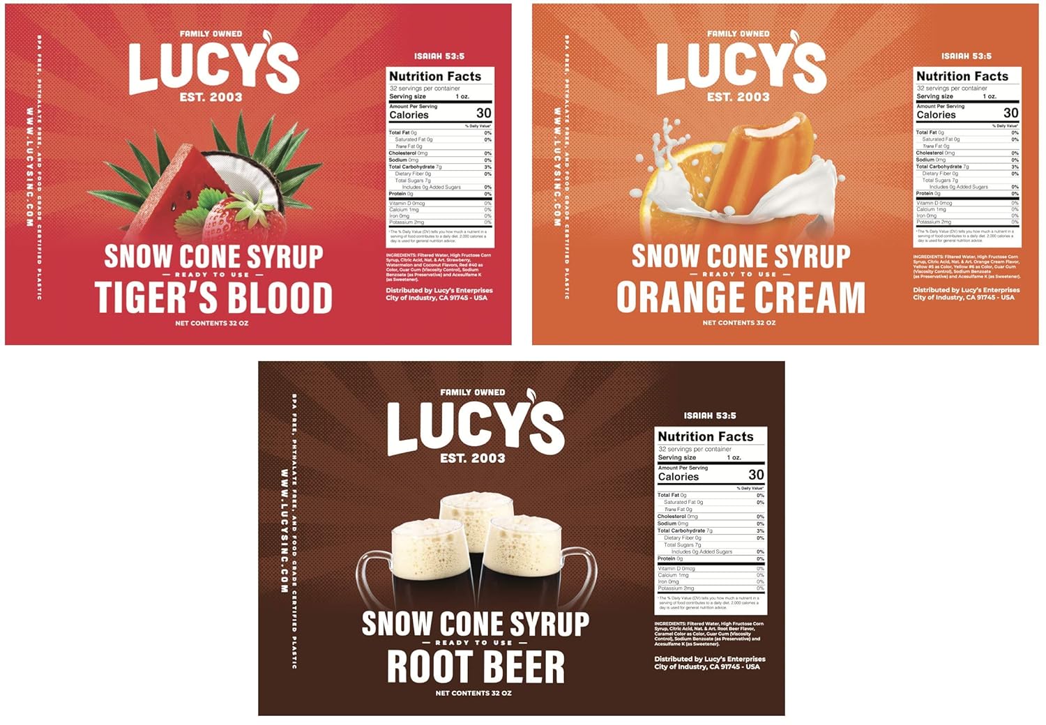 Lucy's Family Owned Shaved Ice Snow Cone Syrups - Tigers Blood, Root Beer, Orange Cream - 32oz Syrup Bottles (Pack of 3) (Carnival Pack)
