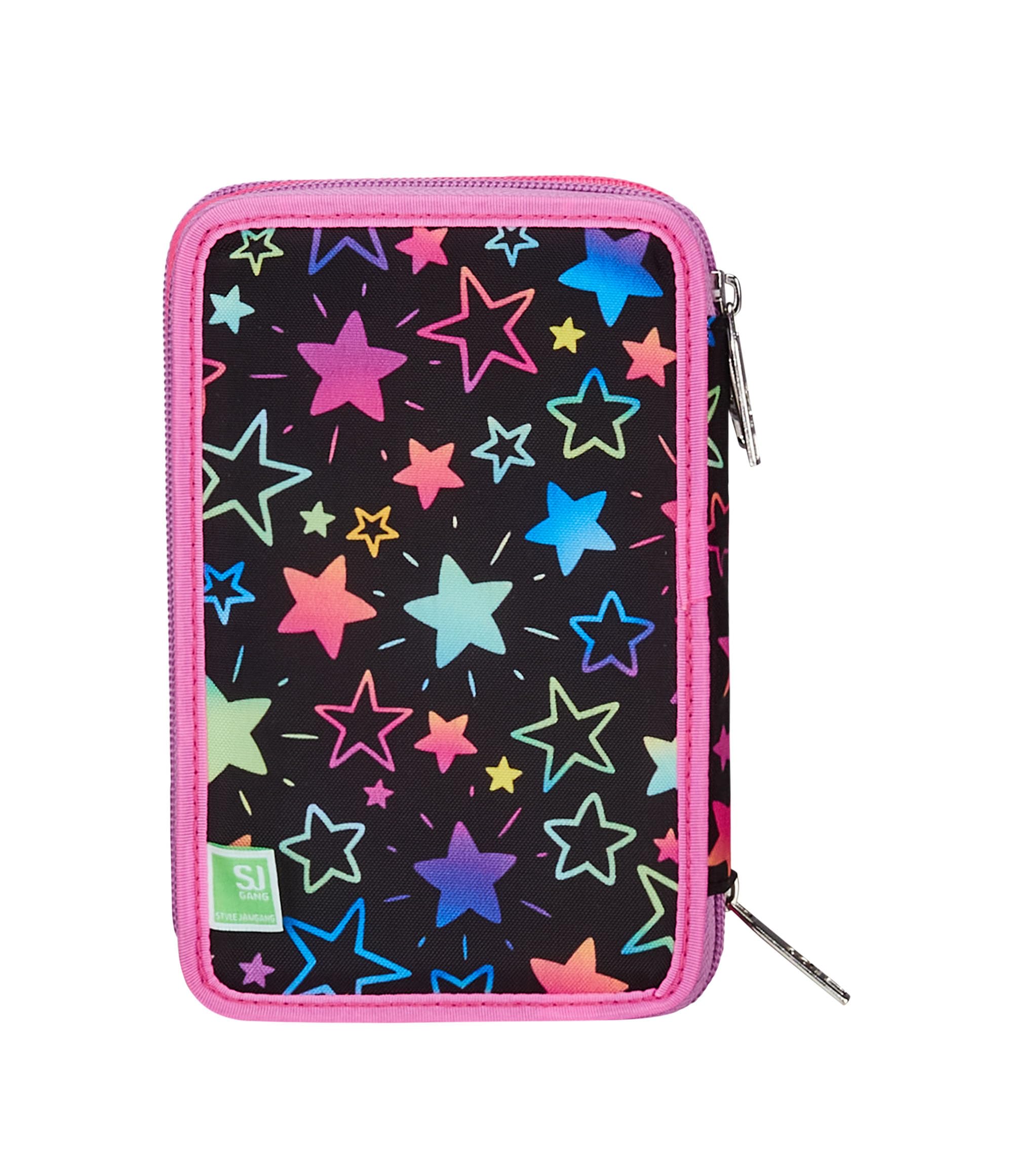 SJ GANG STYLE JAM GANG Astuccio Scuola 3 Zip, Nero e Rosa, Colorful Panda, Portapenne Triplo Scomparto Completo Di Penne, Matite, Colori, Accessori Zaino, Elementari, Medie, Bambina, 30C202461-379