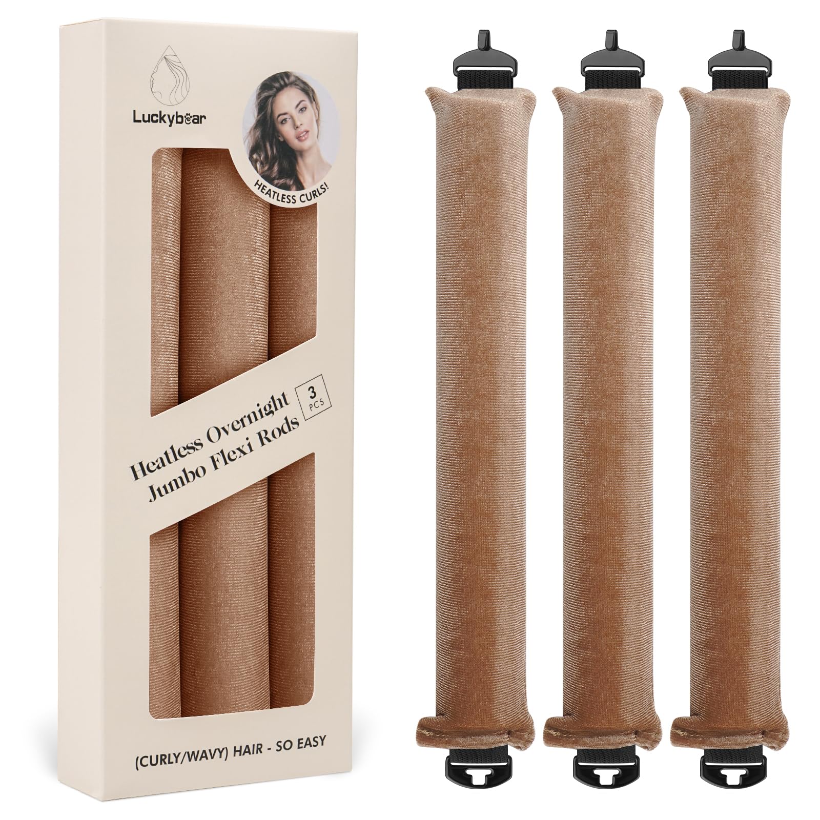 Overnight Heatless Hair Curler Blowout Rods Jumbo, Flexi Rods for Soft Heatless Curls, No Heat Overnight Sleeping Curls Styling Tools 3pcs Khaki