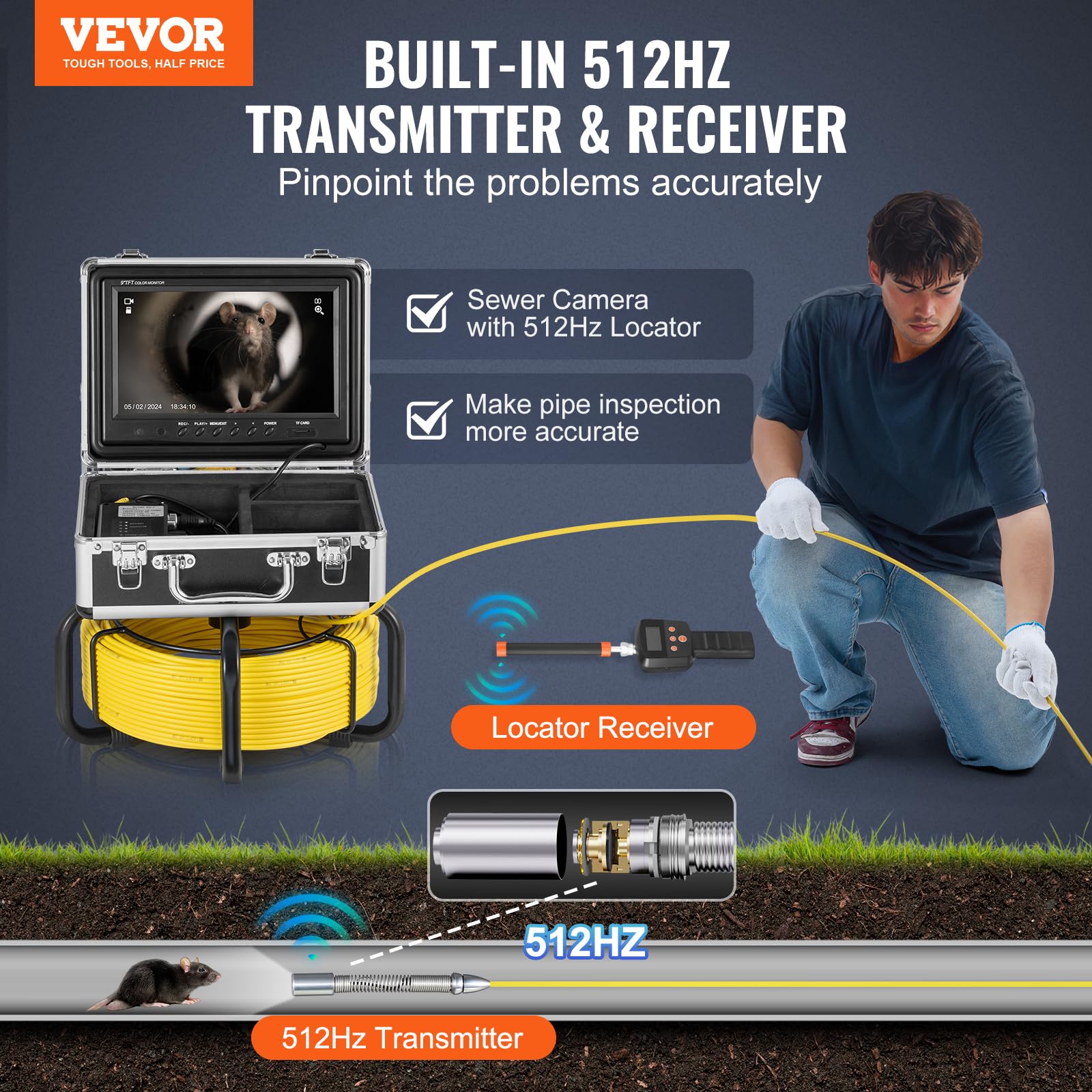 VEVOR Kamera inspekcyjna 512 Hz, 50 m, wyświetlacz HD 1080p 9", 36x zoom, kamera rurowa z 12 diodami LED, karta SD 32 GB