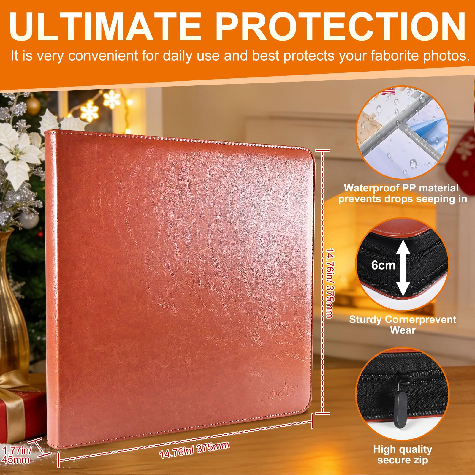 Álbum de fotos de 4 x 6 pulgadas para carpeta de 3 anillas, kit de álbumes de fotos de cuero con cremallera con 20 protectores de página, capacidad para 200 fotos de diseño mixto, gran capacidad