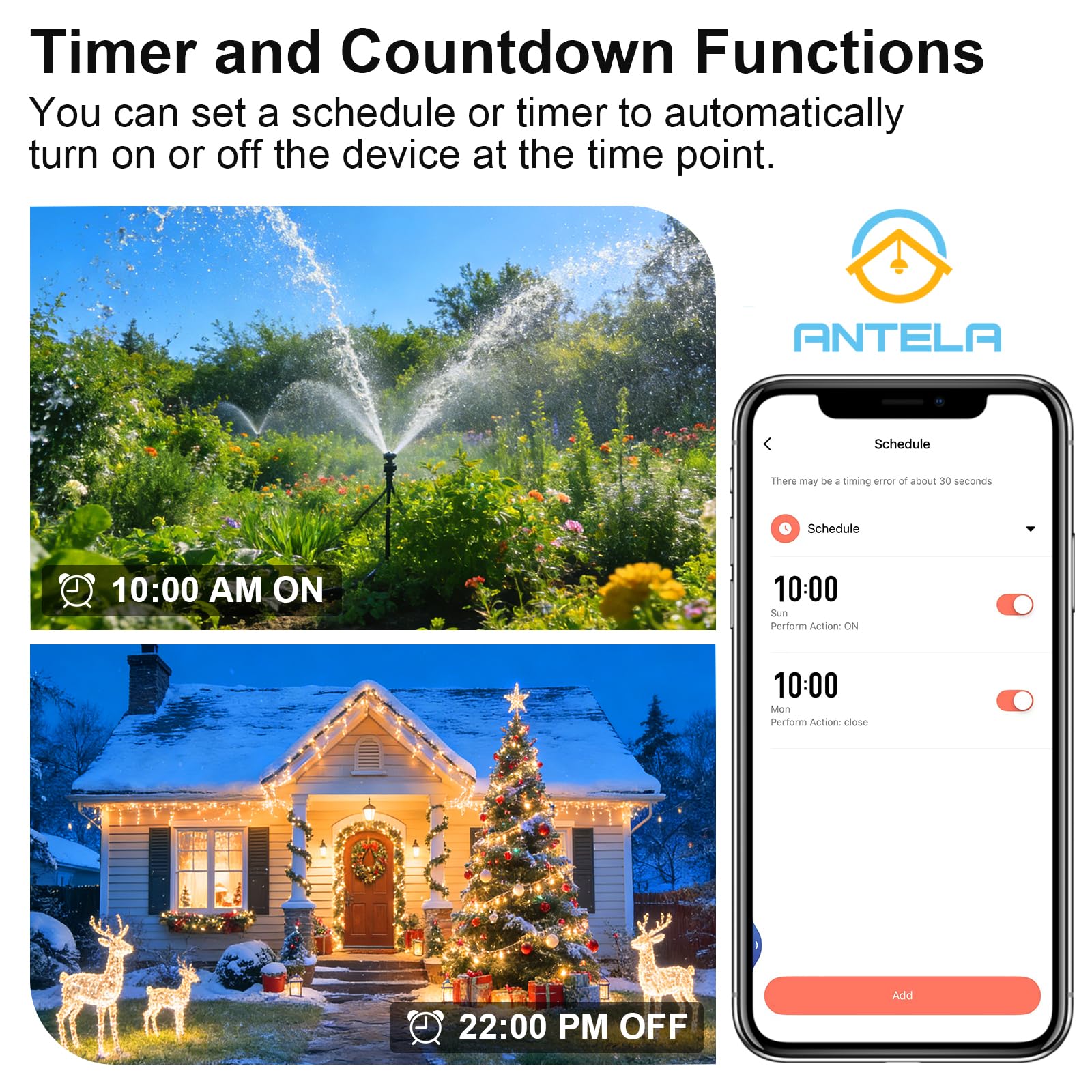 ANTELA Presa Smart WiFi per Esterni con Monitoraggio Energetico IP54 | Type F, 16A, 3680W, Compatibile con Alexa e Google Home, Telecomando, Timer, 2,4 Ghz Wifi, 4Pz