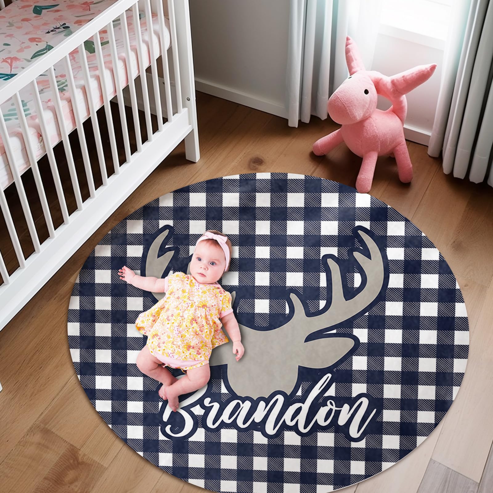 Duckbe Round Nursery Rug Personalized with Name, Custom Kids Rug Soft Floor Area Rugs, Activity Crawling Play Mat for Baby Boys Toddlers Bedroom Navy Blue Deer(2ft/24)