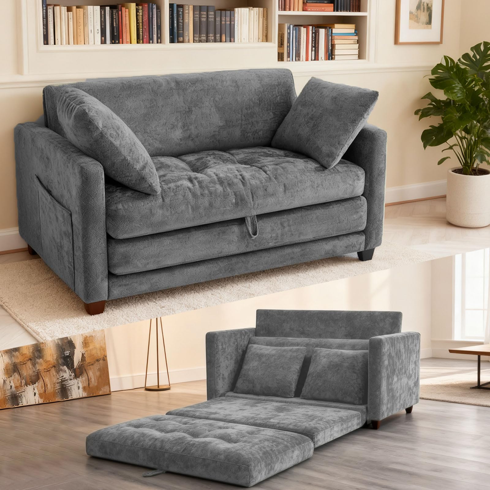 2-in-1 Convertible Loveseat Sofa Bed - Folding Pull-Out with Deep Seat 2 Pillows Solid Steel Frame Loveseat Sleeper