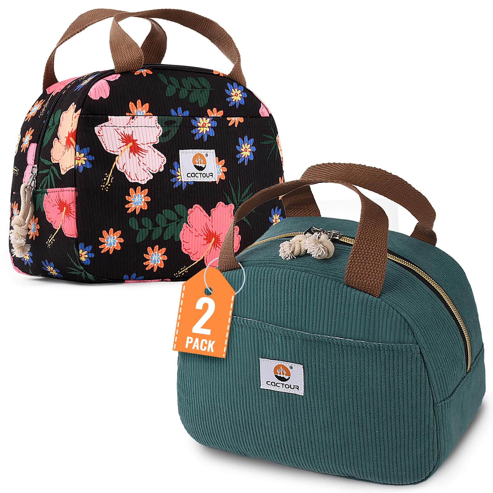2 Packs Lunch Box for Women Girls Teens,Cute Lunch Box Cooler Bag, Small Insulated LunchBox Corduroy Lunch Tote for Work/Travel/Picnic/School, Flower & Lake Green
