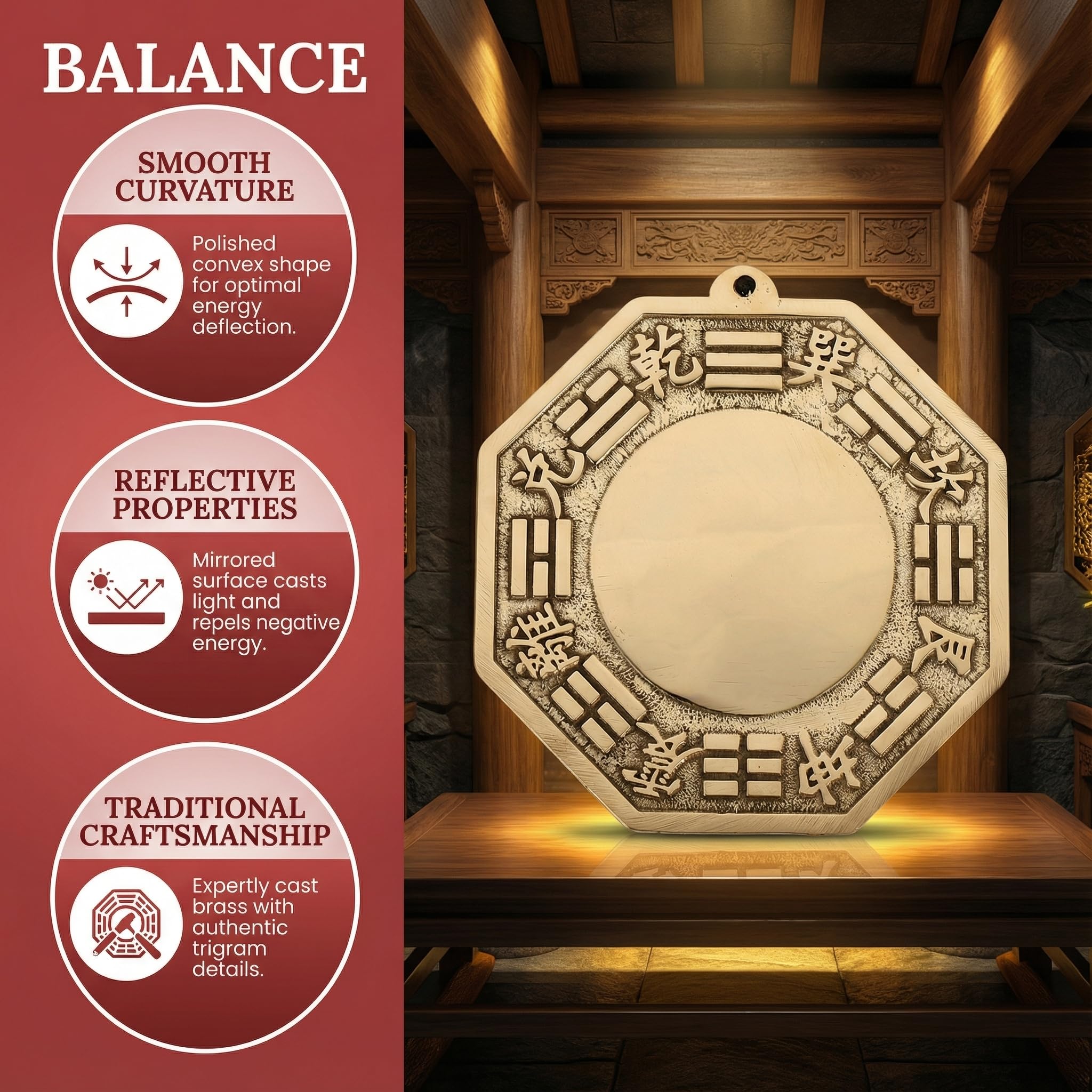 Specchio Bagua (Bagwa) Concavo Per Protezione Feng Shui, Cornice In Legno Con Trigrammi, Diametro 13 Cm, Porta Fortuna
