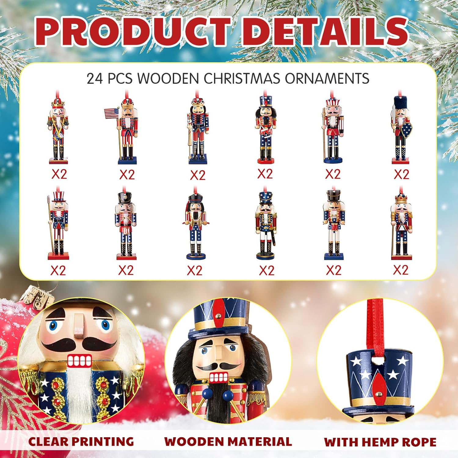 24 Pcs Christmas Nutcracker Ornaments Patriotic Wooden Nutcracker Hanging Ornaments Double Sided Figures Decorations for Xmas Tree Holiday Party Supplies