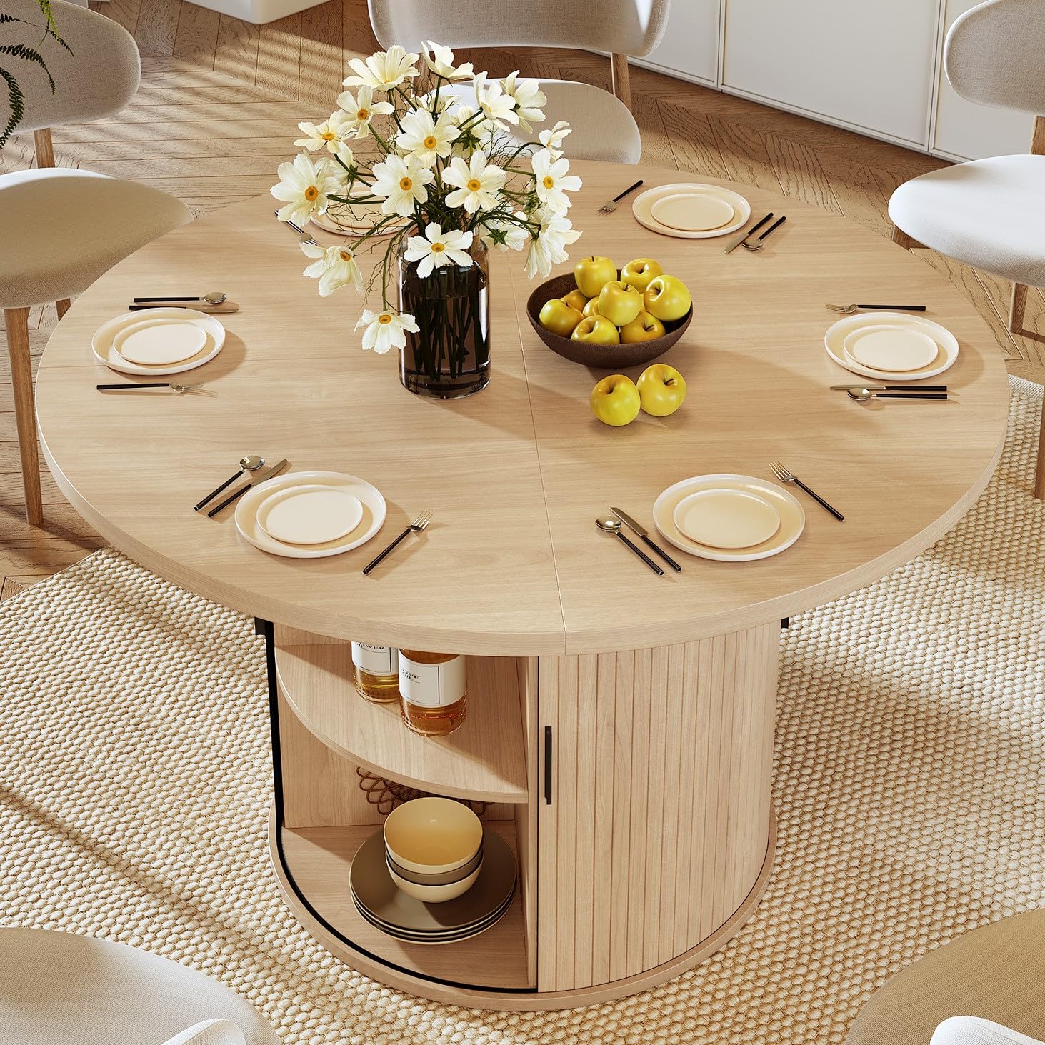 Hawthyhome Runder Esstisch 120cm mit Stauraum, Moderner Küchentisch mit Schiebetür & Lamellen-Optik, Esszimmertisch 4-teilige Holz Tischplatte, Rundtisch für Wohnzimmer, Küche, 2-6 Personen[Holzfarb]