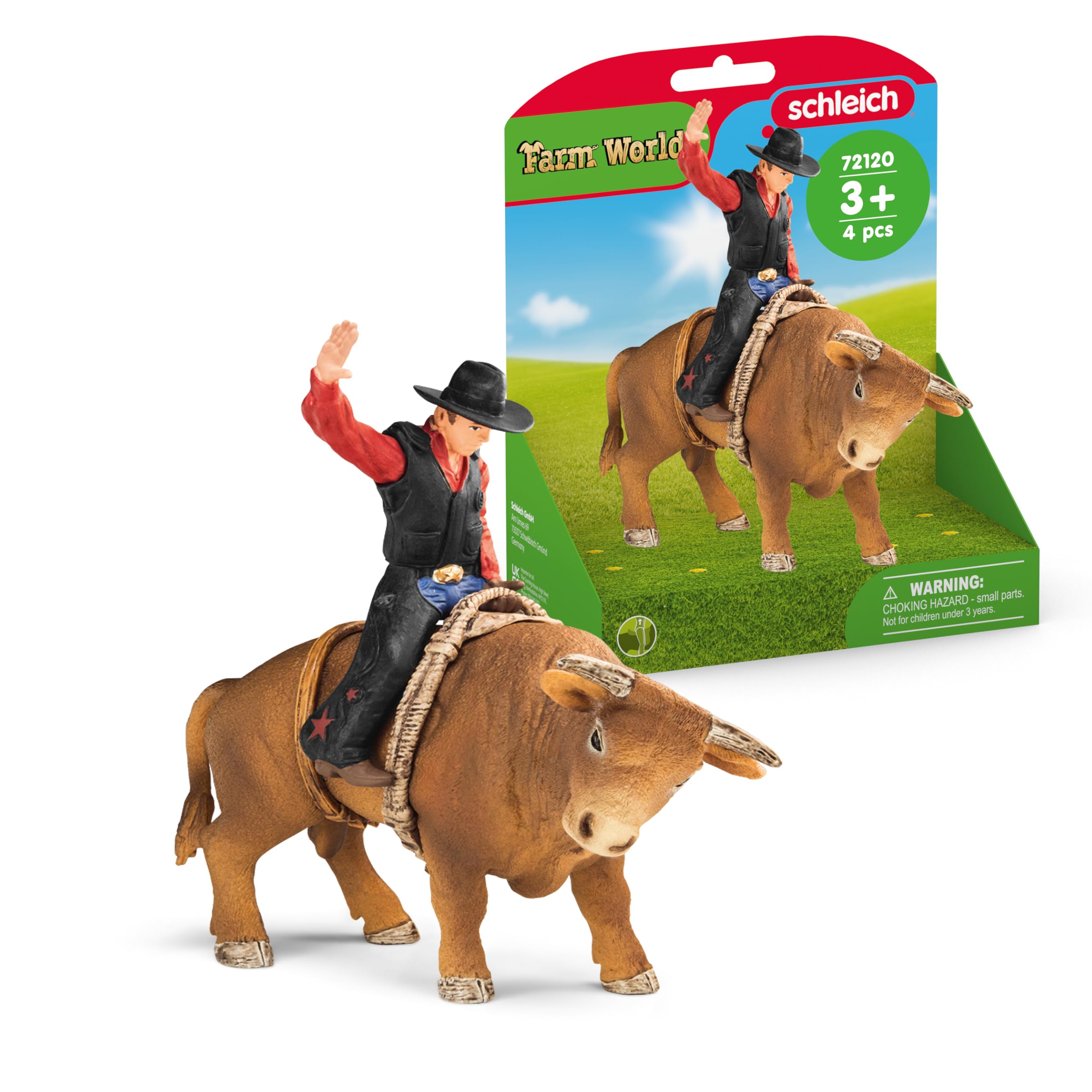 Schleich Farm World Cowboy Bull Riding 4 Piece Cowboy Toy Set for Rodeo Fans & Kids Ages 3+