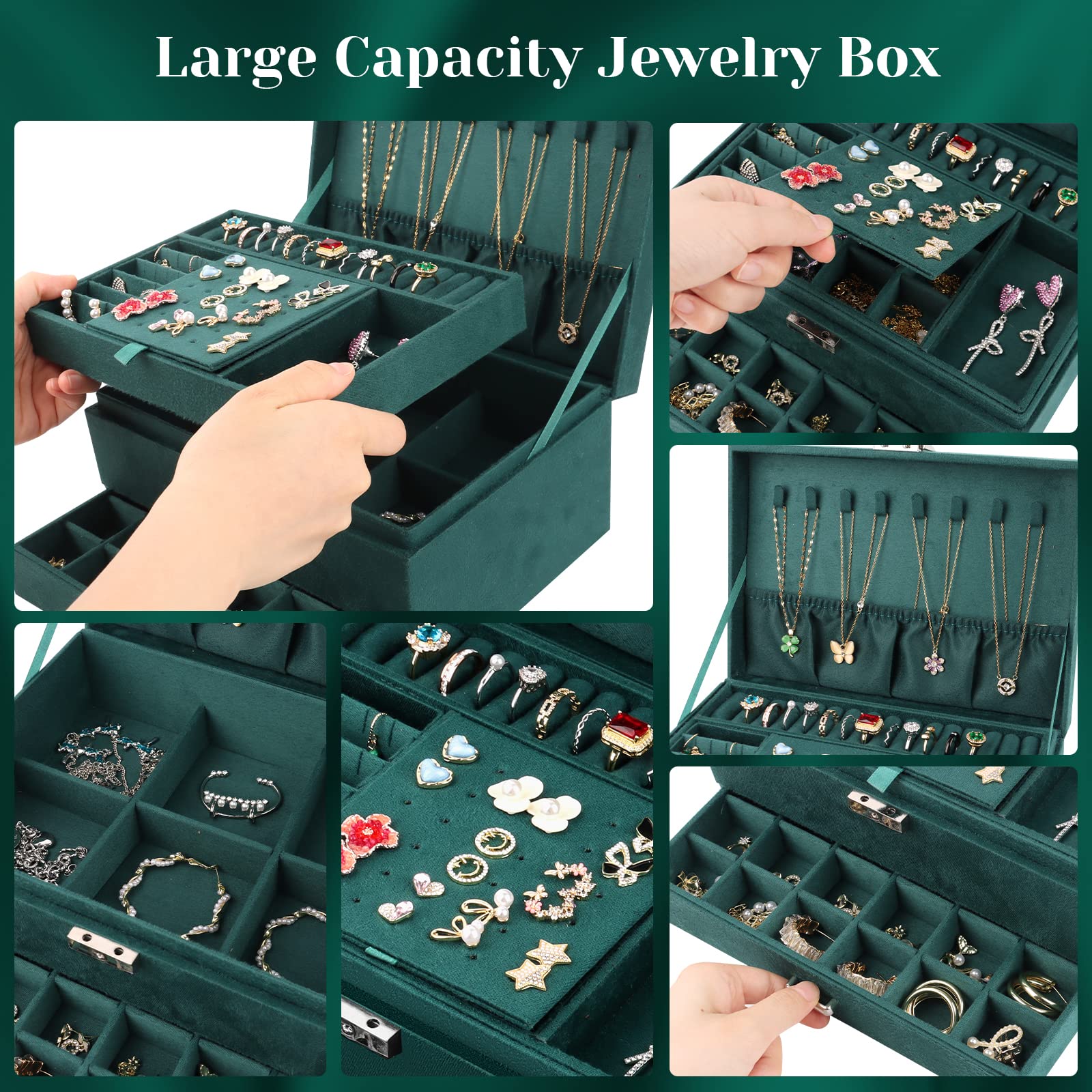 talifoca Boite a Bijoux Femme Fille, Boîte à Bijoux Velours Trois Couche Verrouillable Grande Capacité Boite de Rangement Bijoux pour Colliers, Boucles d'oreilles, Bracelets