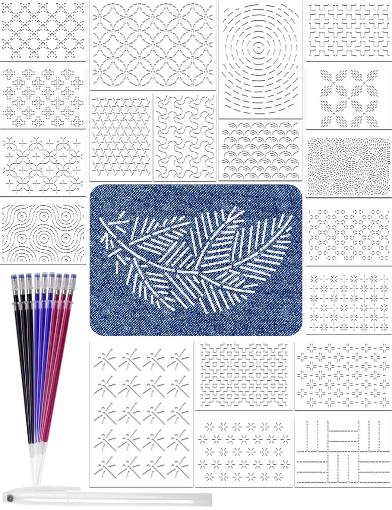 Gezan 20 Pcs Sashiko Stencils 8.3 x 5.9 Inch Plastic Sashiko Template Pattern Geometric Embroidery Stabilizers Drawing Line Template for Hand Quilting Sewing