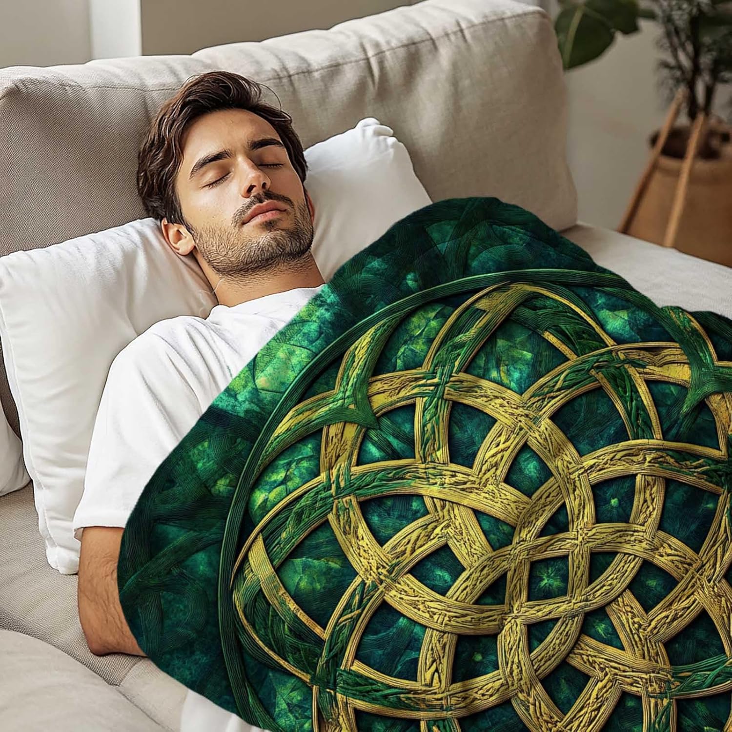 Celtic Knot Blanket, Intricate Green and Gold Design Throw Blanket for Home Decor, Soft Cover for Living Room, Bedroom, or Couch, Decorative Woven Pattern for Adults and Teens, 60"x50"
