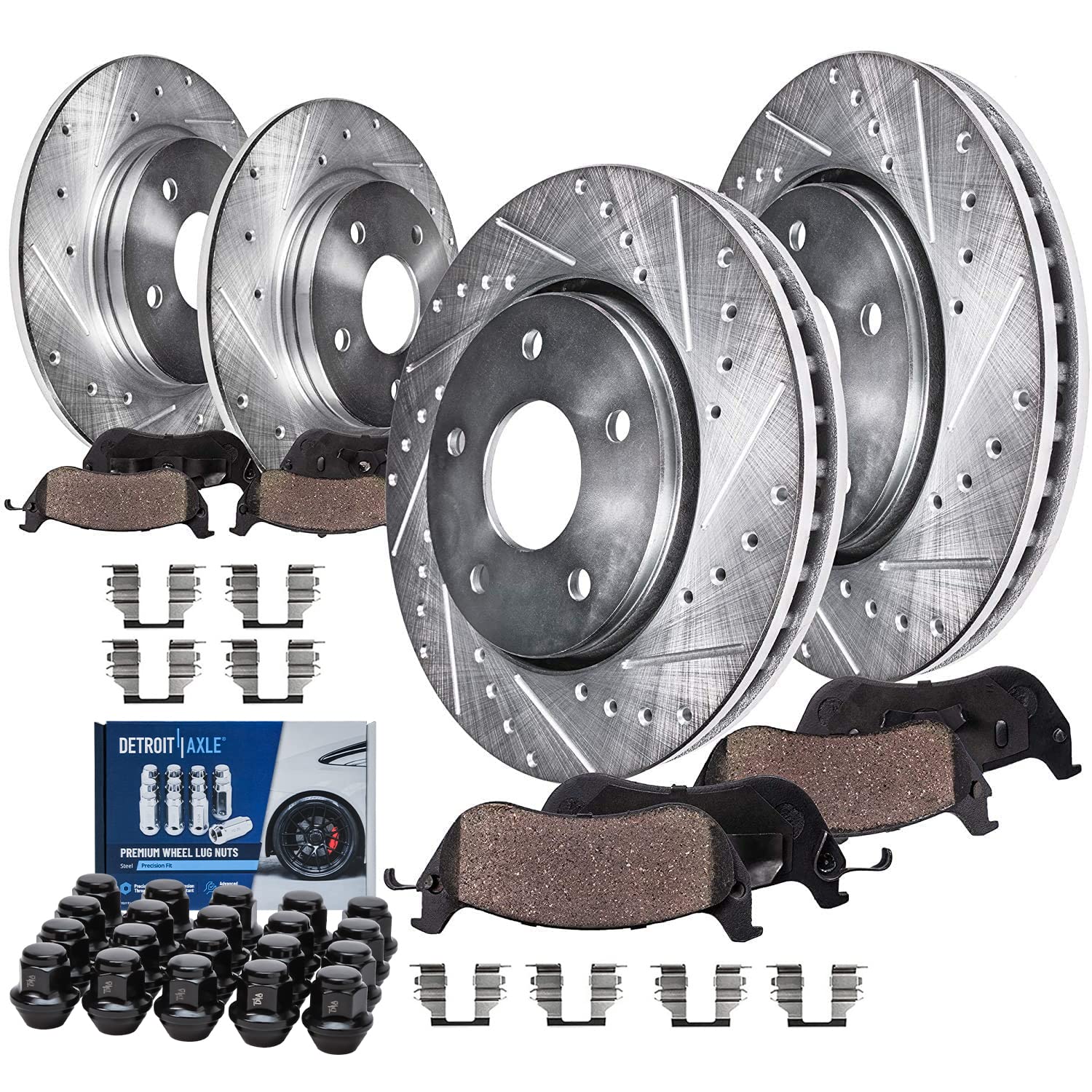 Detroit Axle - FWD Brake Kit for 2014-2016 Ford Fusion Lincoln MKZ | Front and Rear Drilled &amp; Slotted Disc Brake Rotors Ceramic Brake Pads Wheel Lug Nuts Replacement