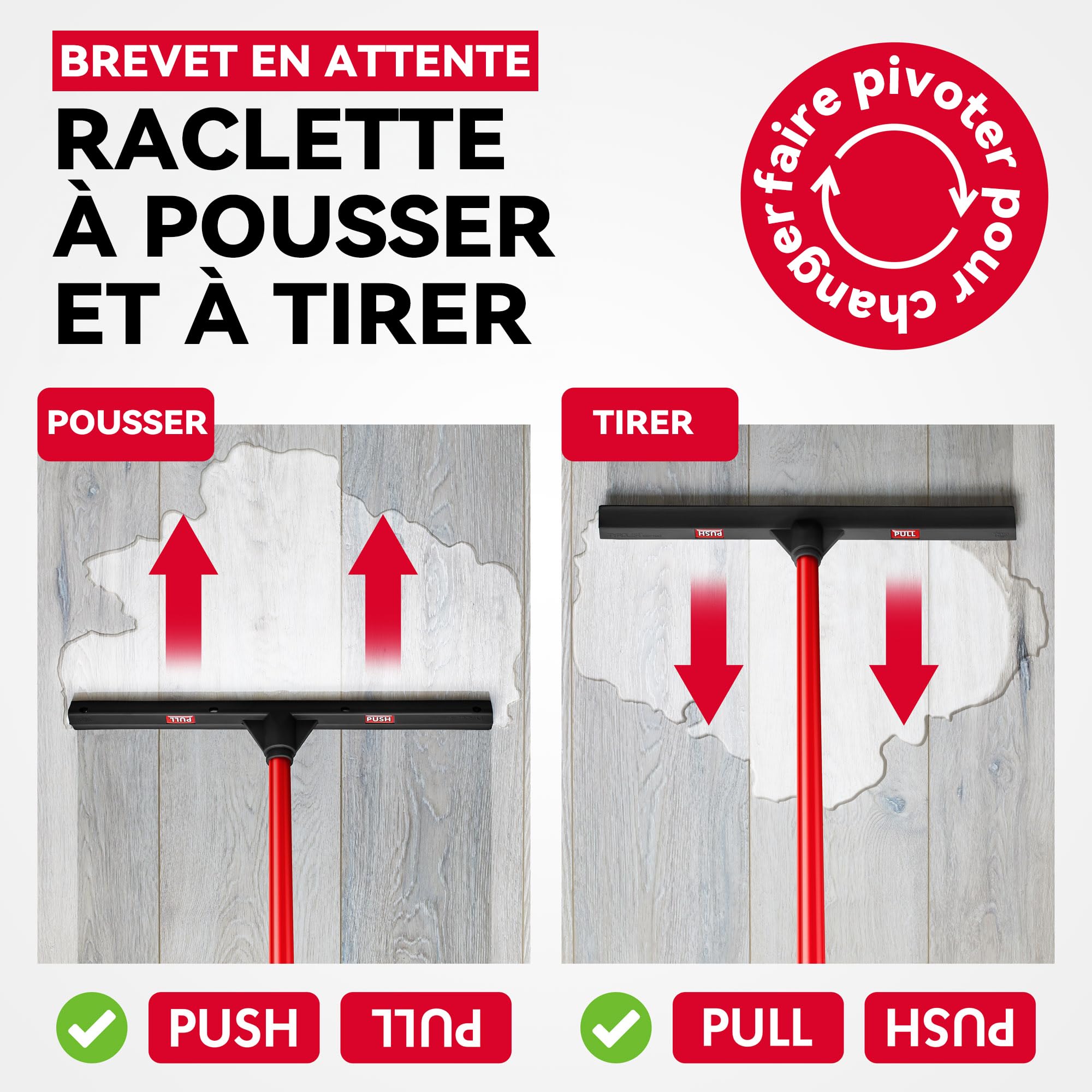Tyroler Balai Raclette Sol Extérieur Terrasse Pousser et Tirer | Tête 45cm 100% Caoutchouc | 4 Parties de 140cm de Long | Parfait pour Toutes Surfaces | Raclette Douche Sol Professionnelle