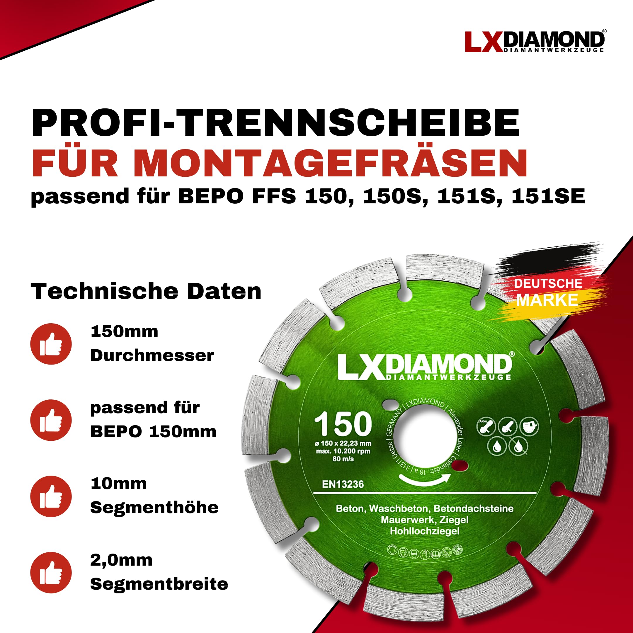 Diamant-Trennscheibe 150mm PROFI Diamantscheibe für Beton Mauerwerk Universal Trennscheibe passend für Bepo FFS 150 151 Fensterfräse Montagefräse Fensterfugenschneider 150 mm