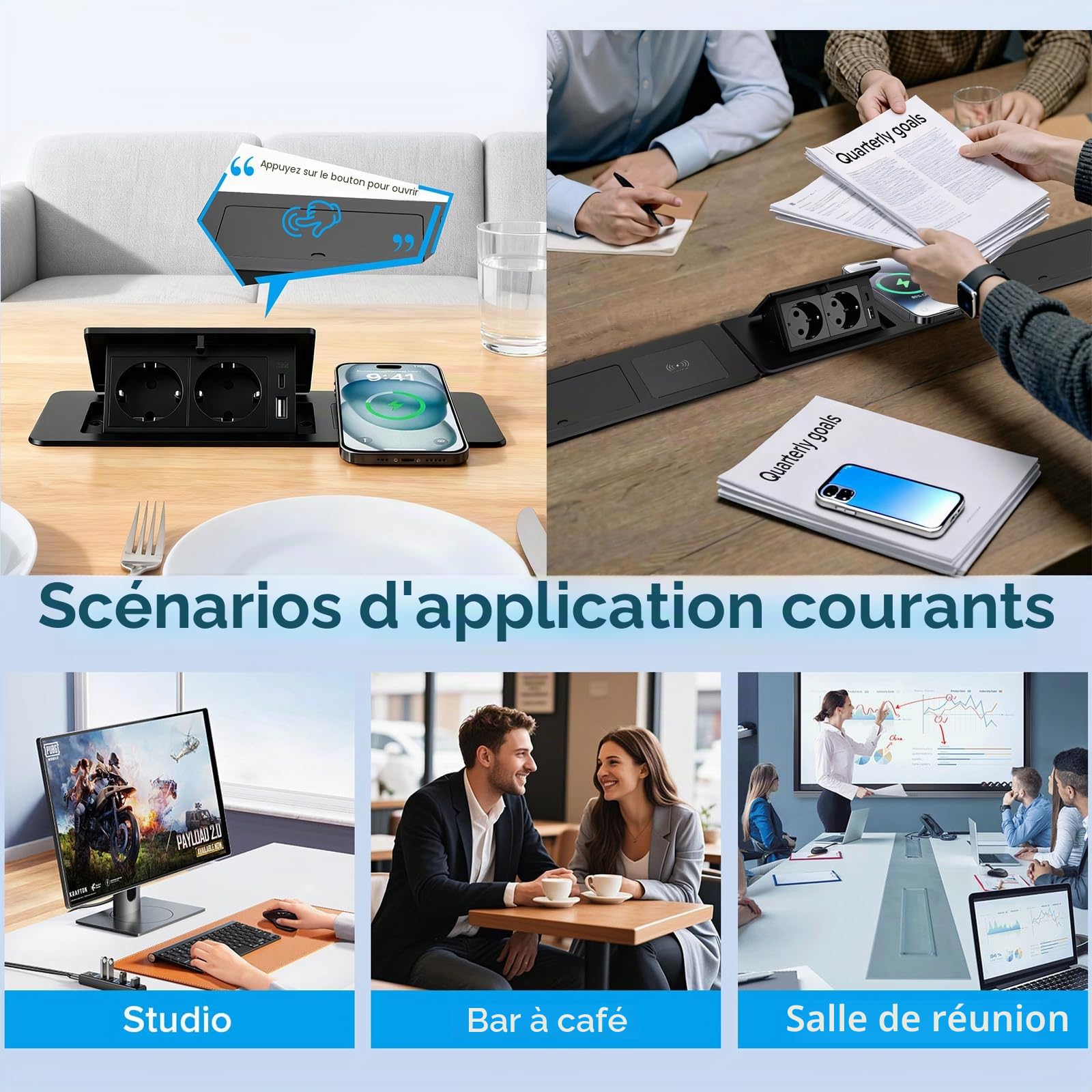 Prise Encastrable avec Chargeur USB-C PD20W et Charge sans Fil 15W, Prise de Bureau 2 Prises pour Plan de Travail Cuisine et Bureau