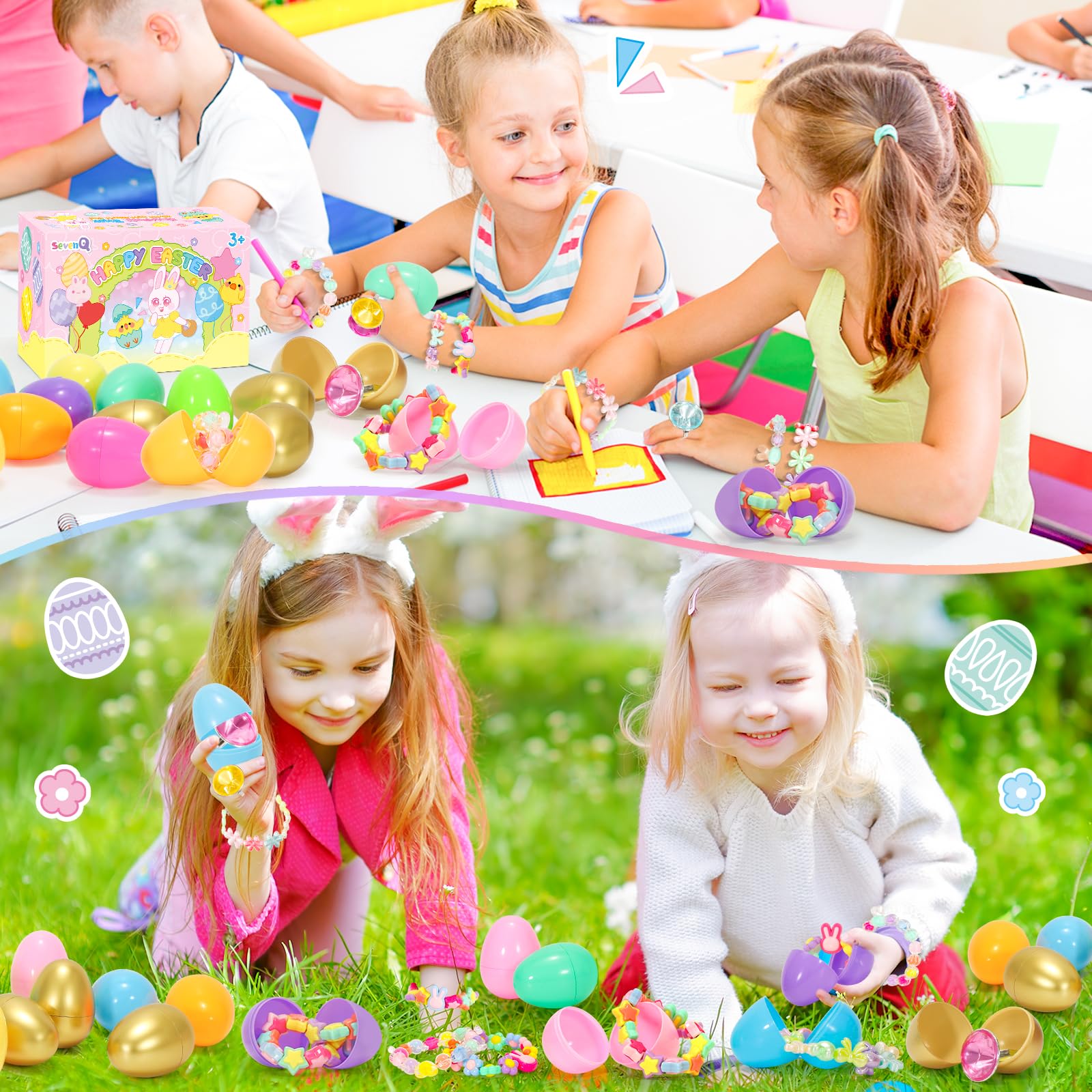 SevenQ - Lot de 24 œufs de Pâques pré-remplis avec bracelets et bagues - Bijoux pour enfants filles - Pour remplir le panier de Pâques - Cadeaux pour enfants - Jouets anti-stress - Favoris pour fêtes